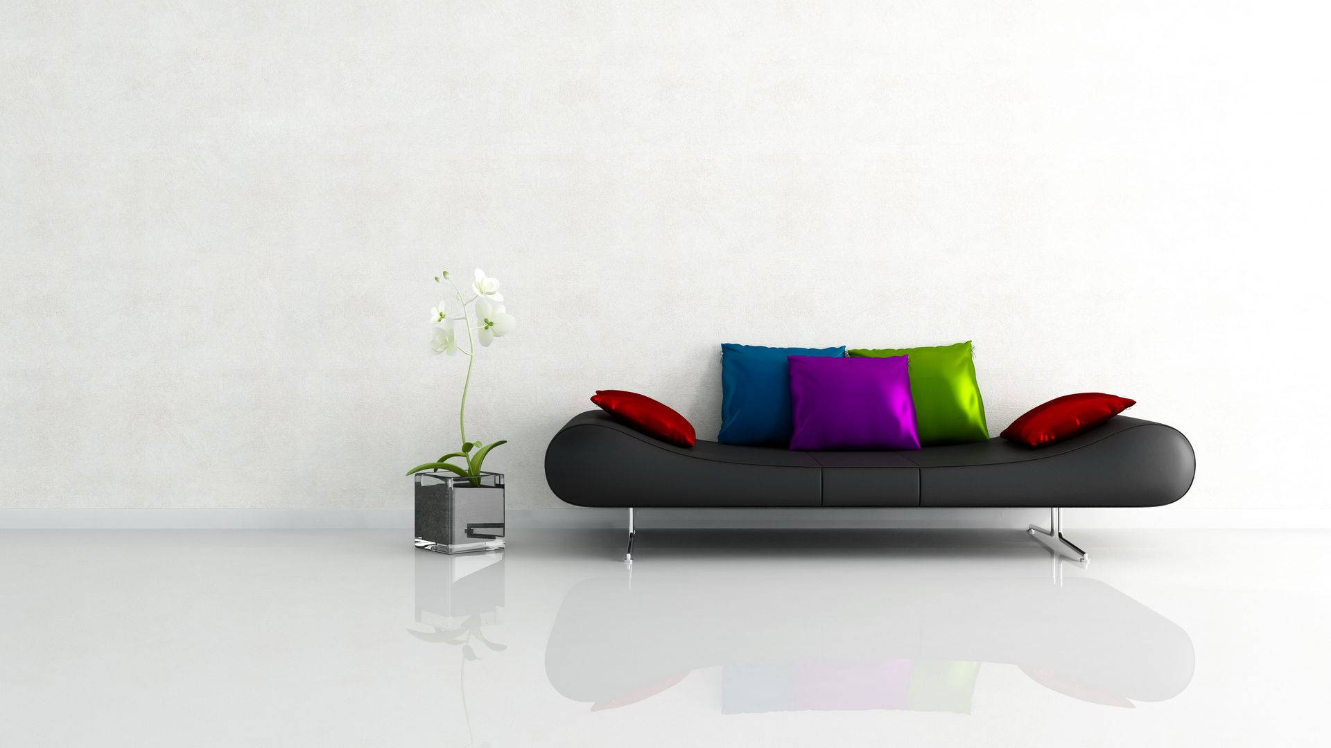 black leather living room sofa, multicolored pillows, minimalist white wall, Full HD Desktop Wallpaper
