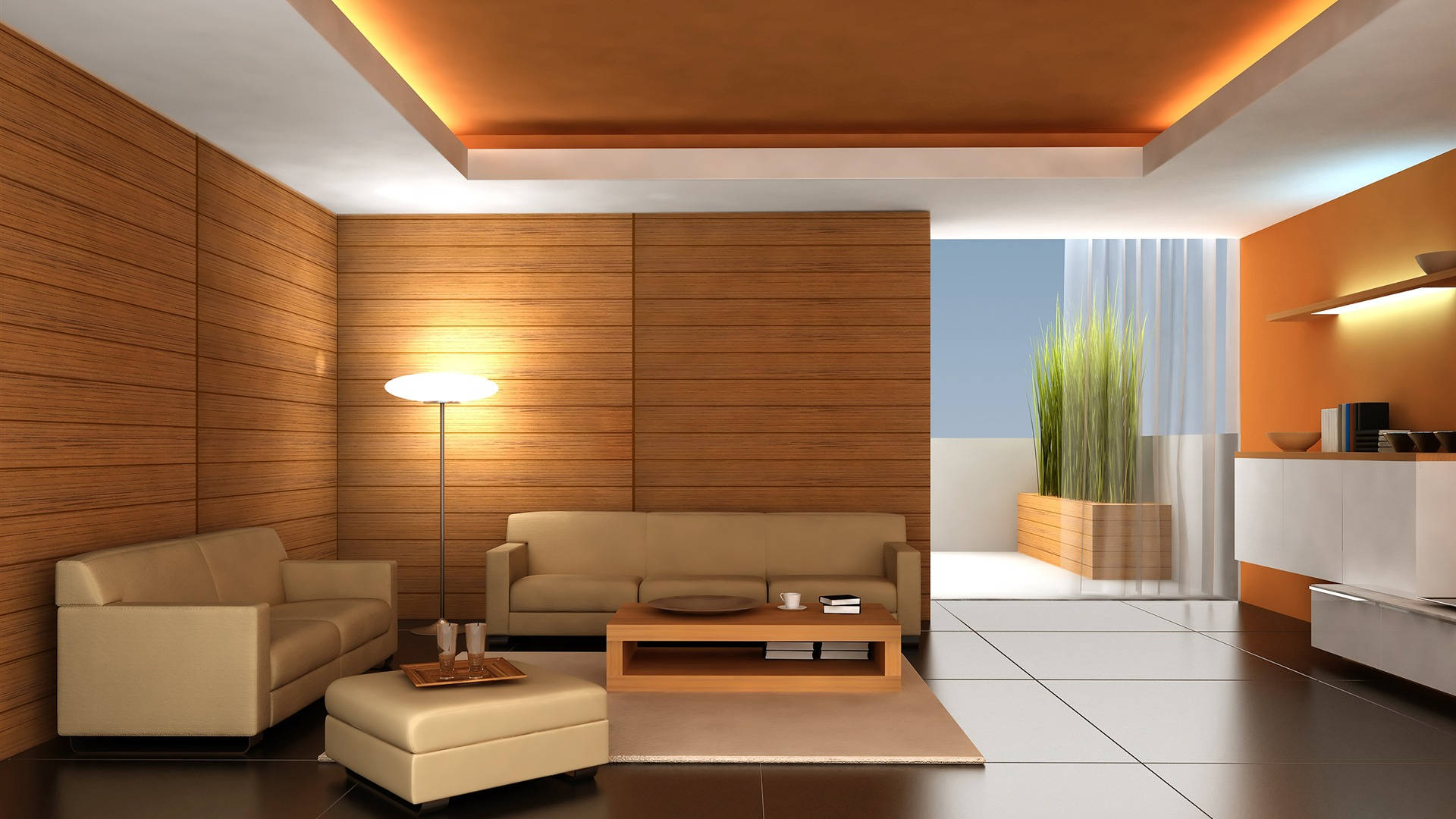brown and white modern living room, warm wood walls, beige sofas, Full HD Desktop Wallpaper