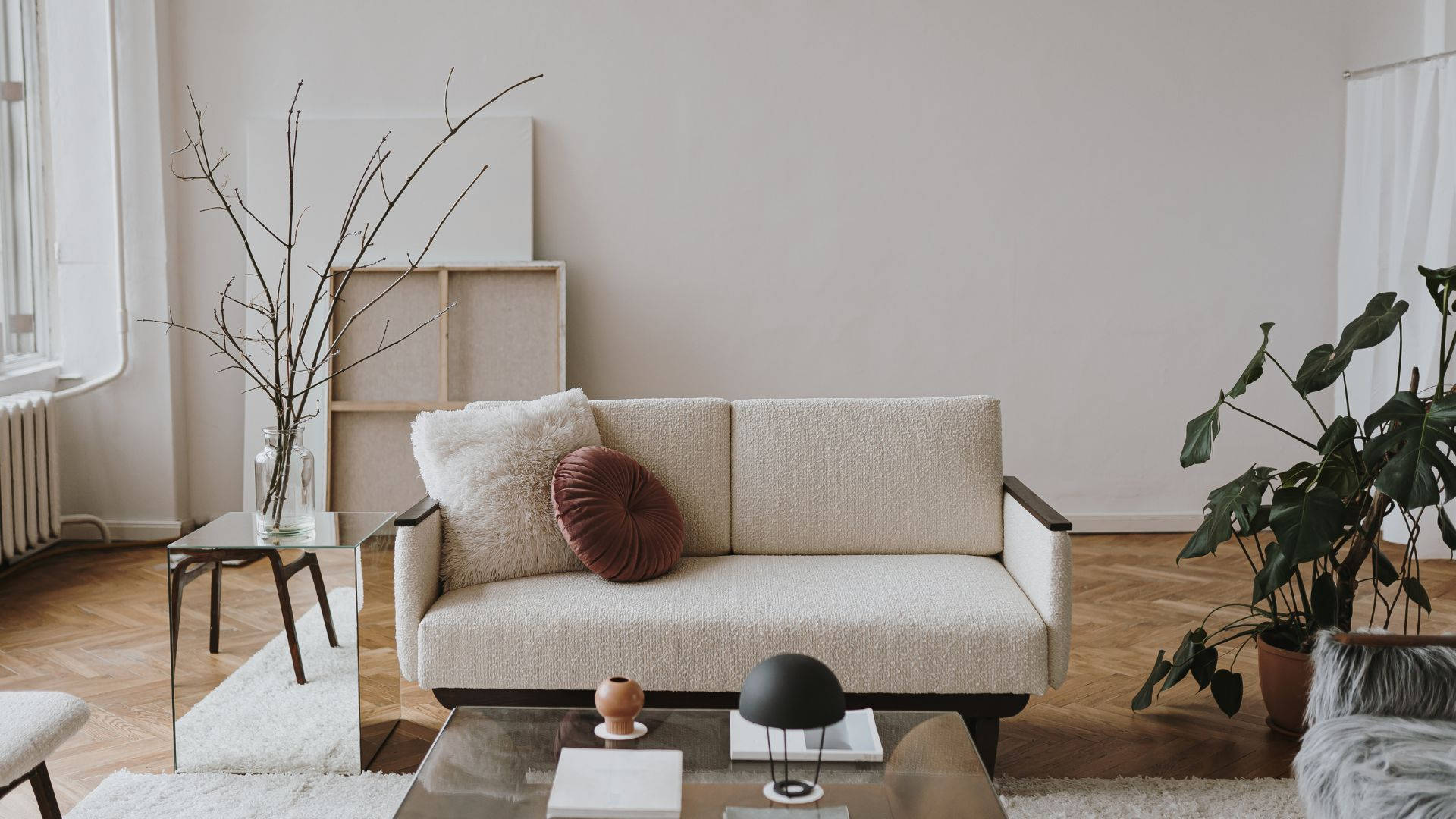 two seater couch, beige sofa, glass coffee table, Full HD Desktop Wallpaper