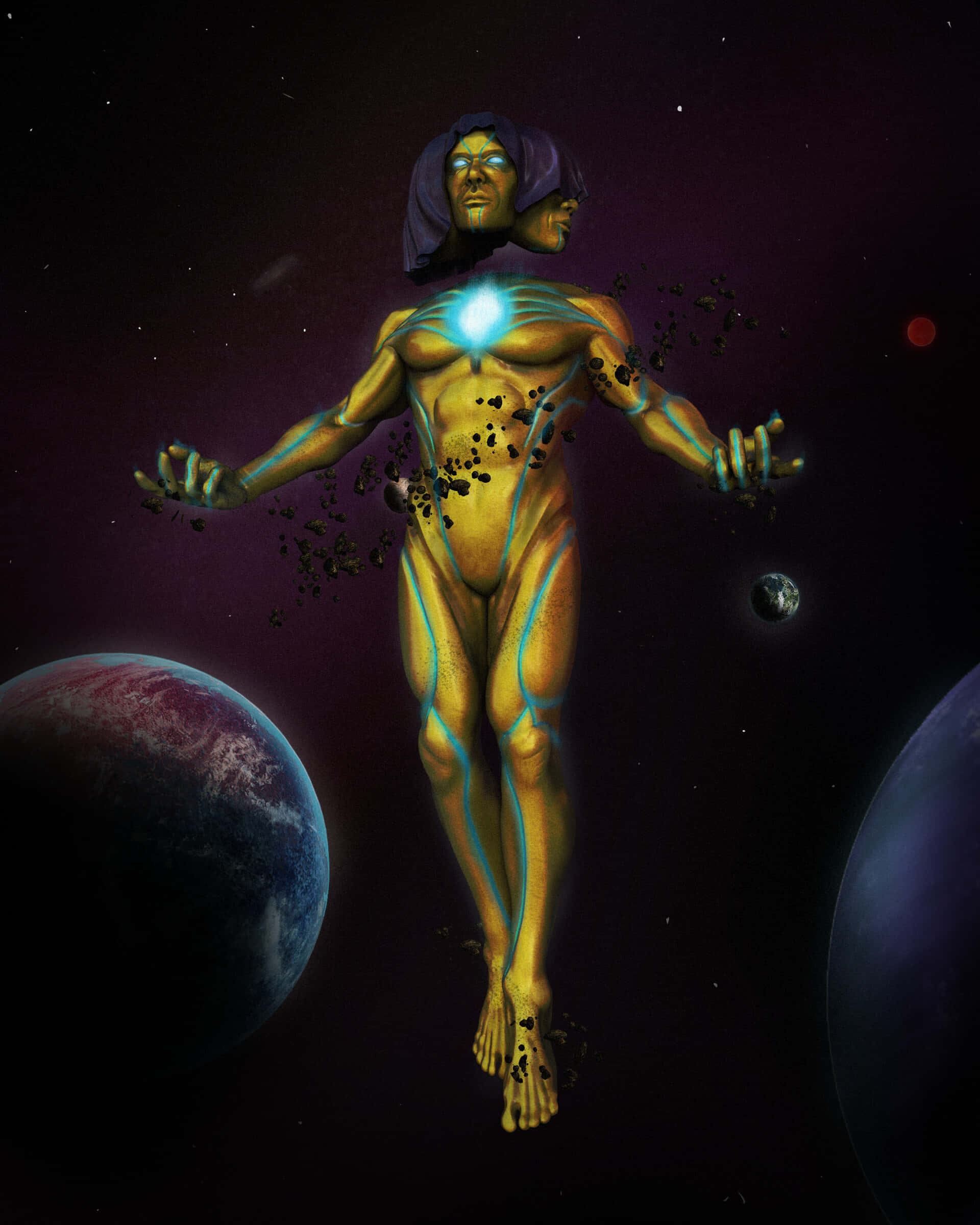 Living Tribunal, golden humanoid figure, glowing blue veins, Full HD Phone Wallpaper