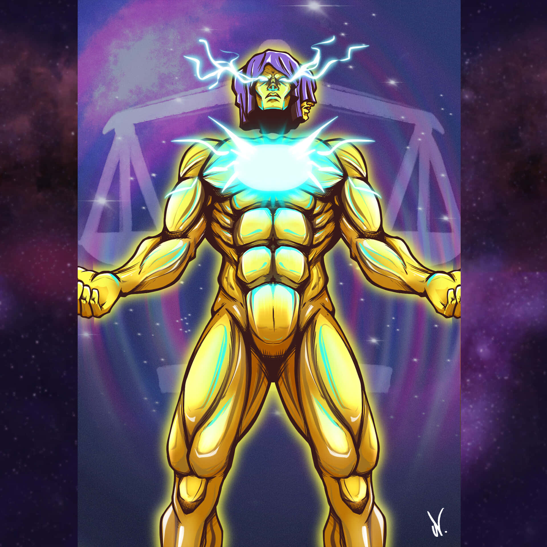 Living Tribunal, cosmic purple starry background, glowing blue chest, Full HD Desktop Wallpaper