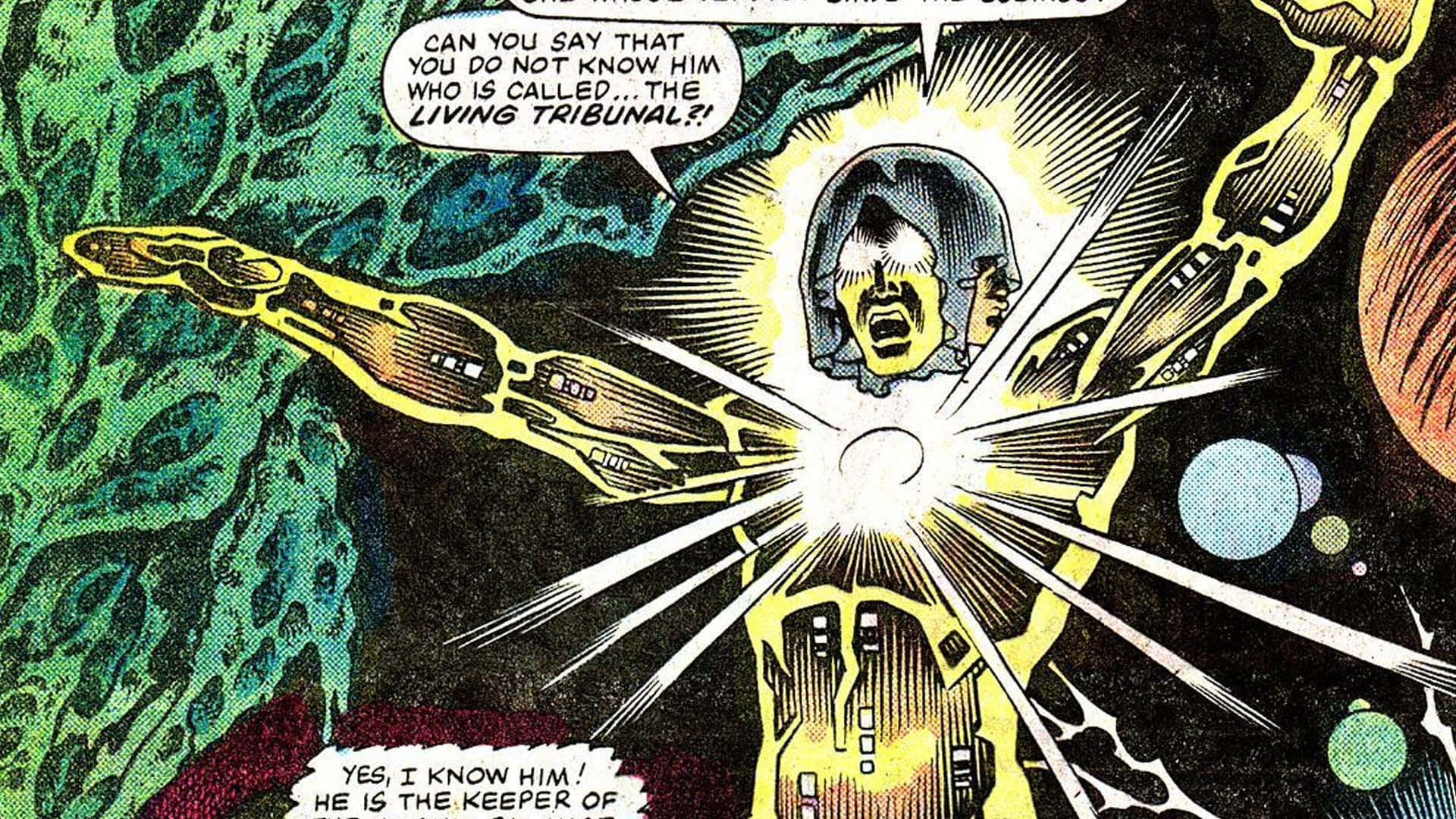 Living Tribunal, glowing yellow armored figure, light rays, Full HD Desktop Wallpaper