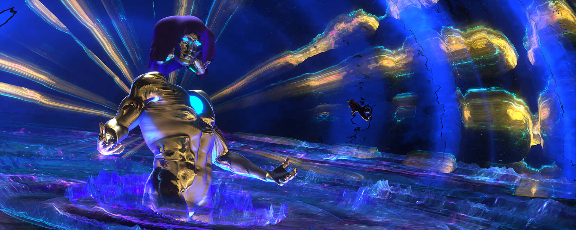 Living Tribunal, golden armored figure, glowing blue water, Full HD Desktop Wallpaper