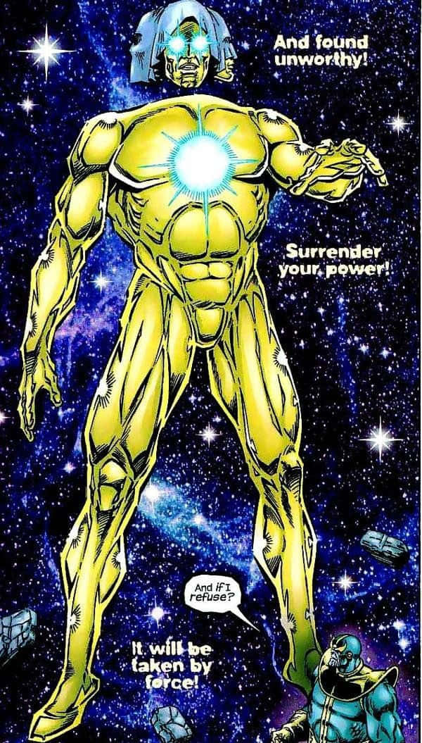Living Tribunal, golden armored figure, glowing chest, SD Phone Wallpaper