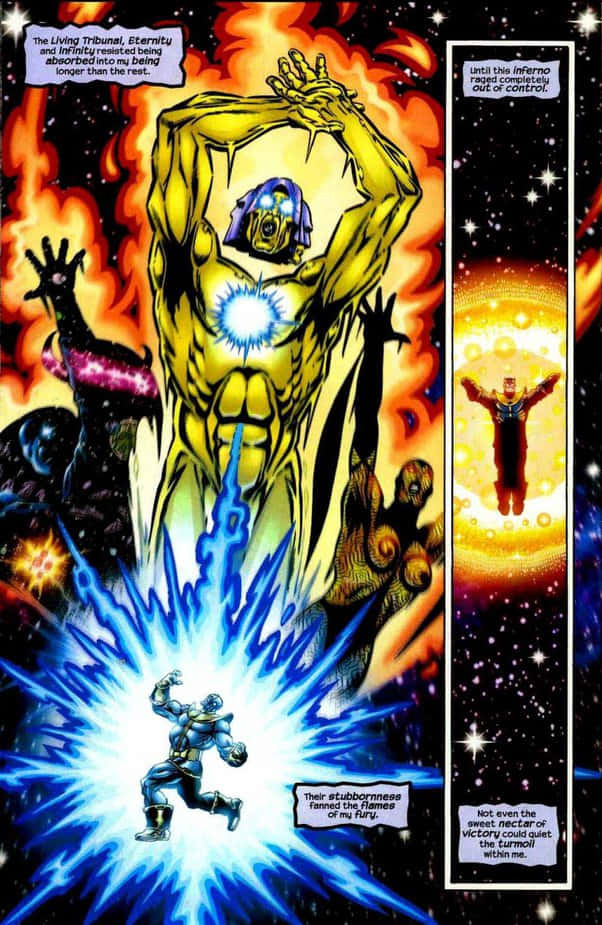 Living Tribunal, golden armored figure, blue energy blasts, SD Phone Wallpaper