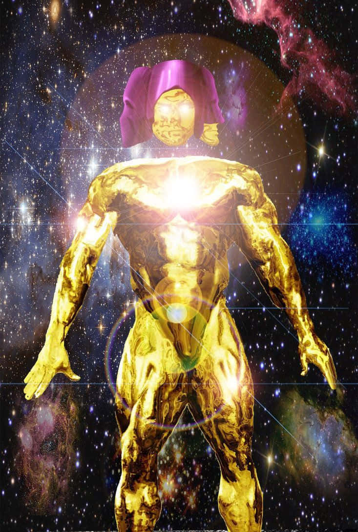 Living Tribunal, golden humanoid figure, purple hood, SD Phone Wallpaper