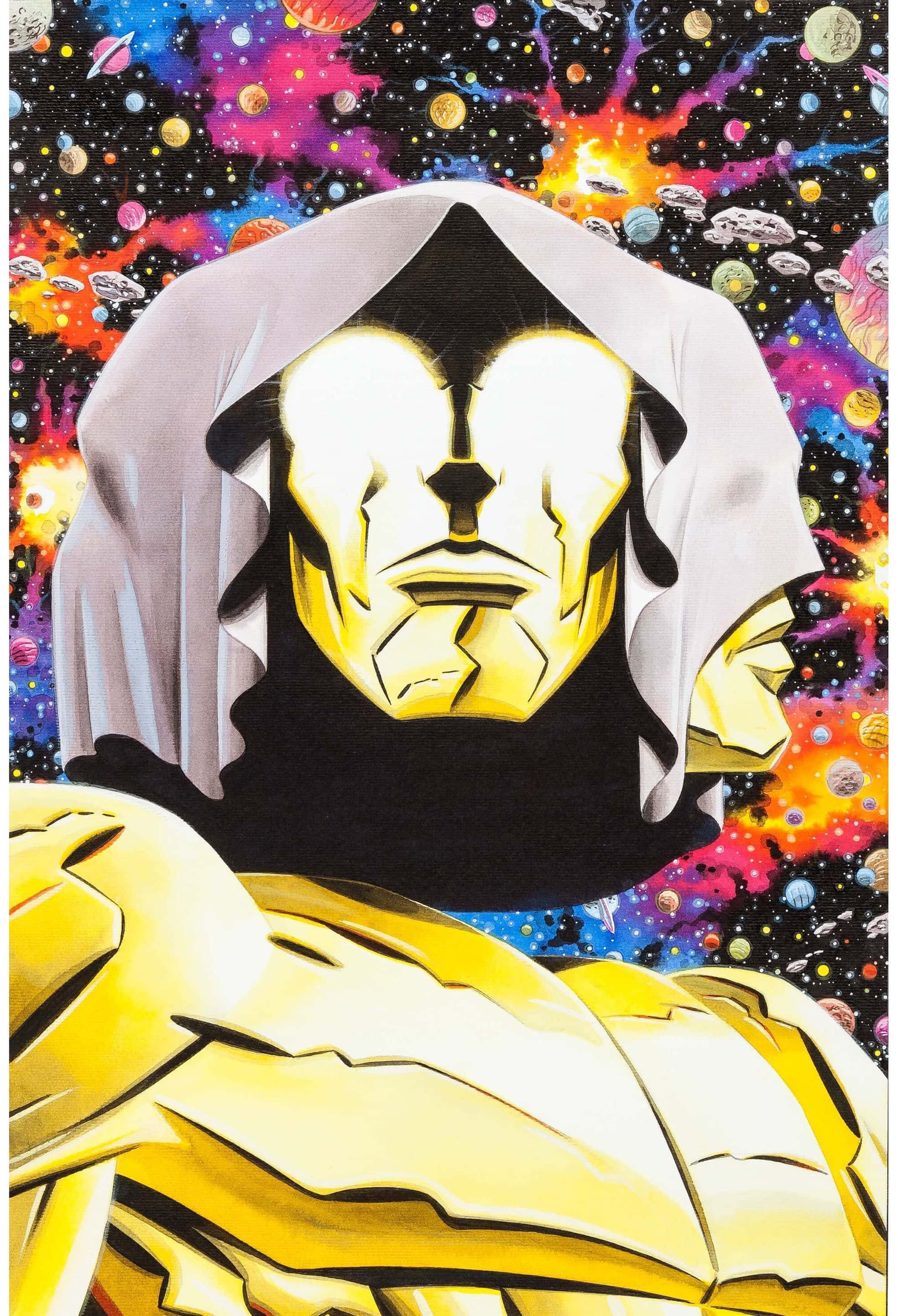 Living Tribunal, golden armored figure, white hood, 2K Phone Wallpaper