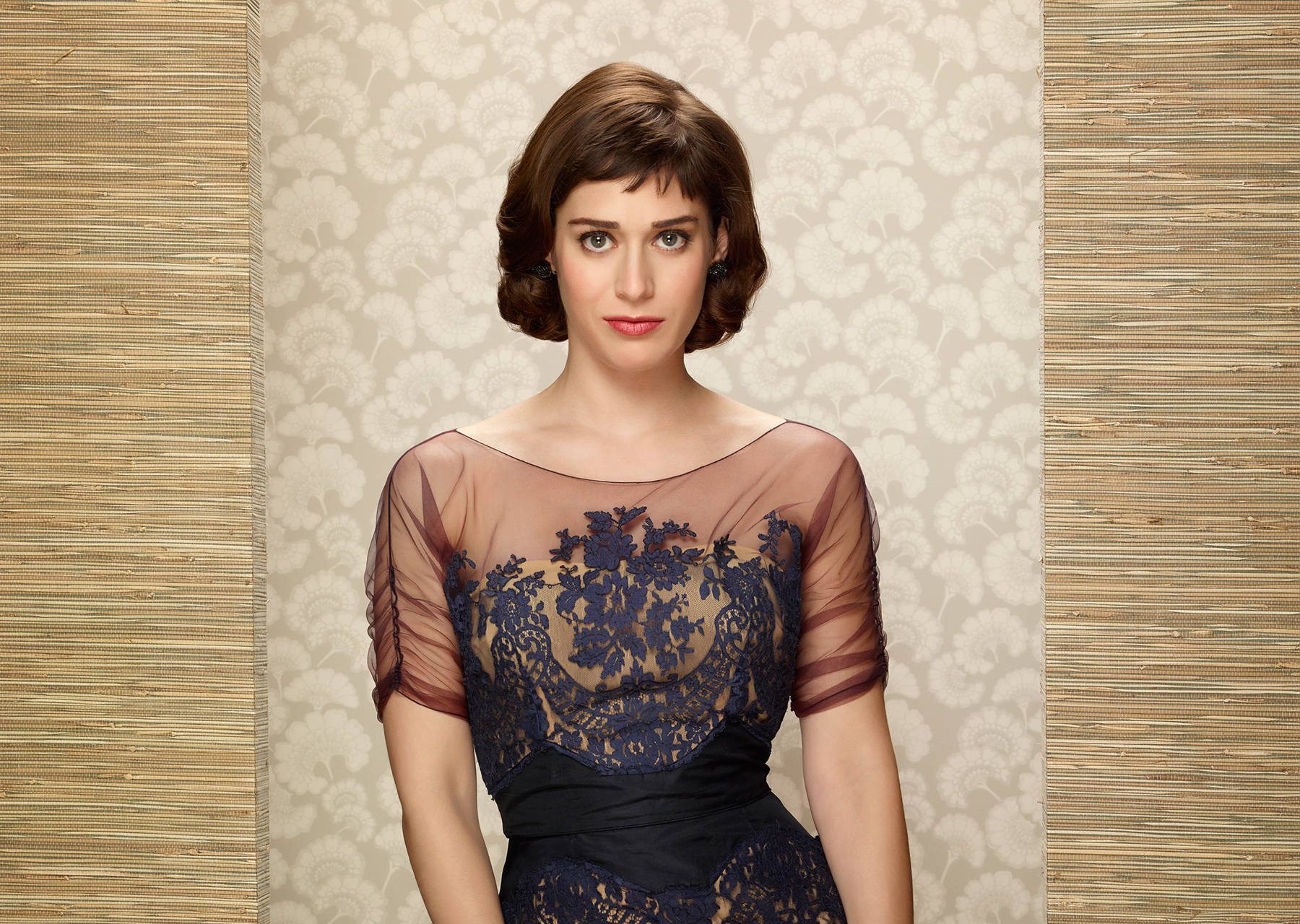 Lizzy Caplan, navy lace dress, floral wallpaper, HD Desktop Wallpaper