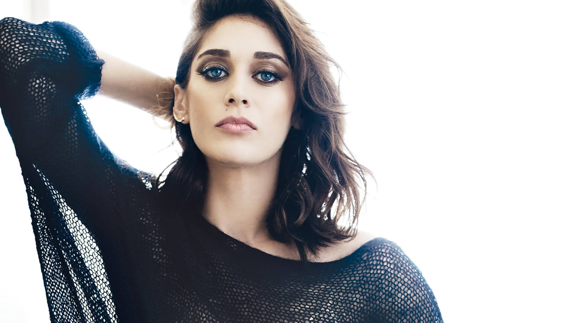 Lizzy Caplan, black net design top, blue eyes, Full HD Desktop Wallpaper