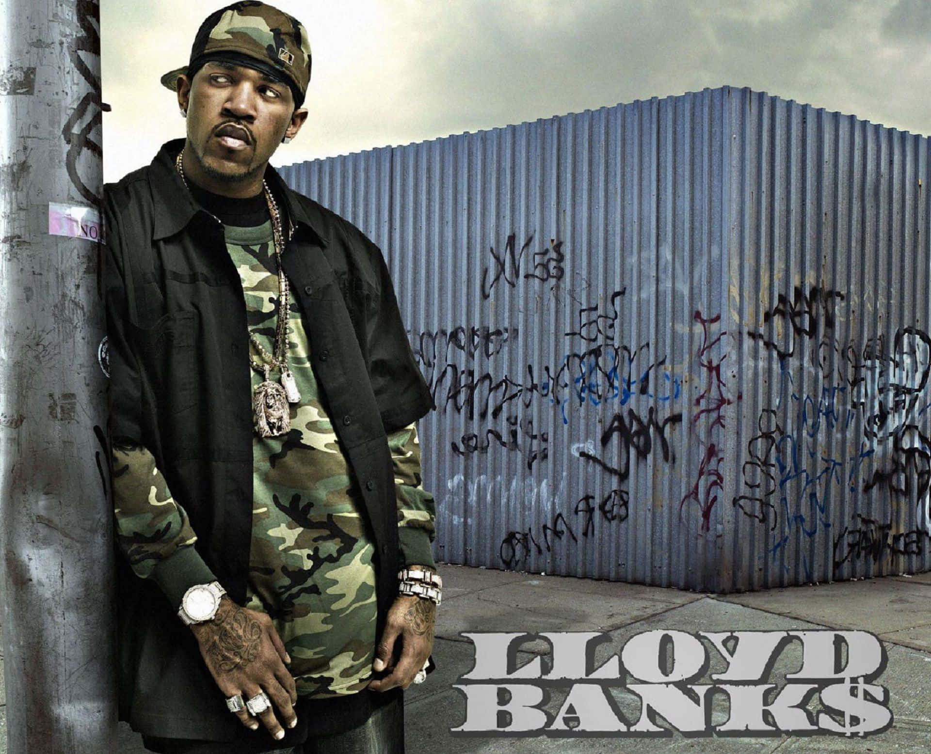 Lloyd Banks, graffiti-covered pole, corrugated metal fence, Full HD Desktop Wallpaper