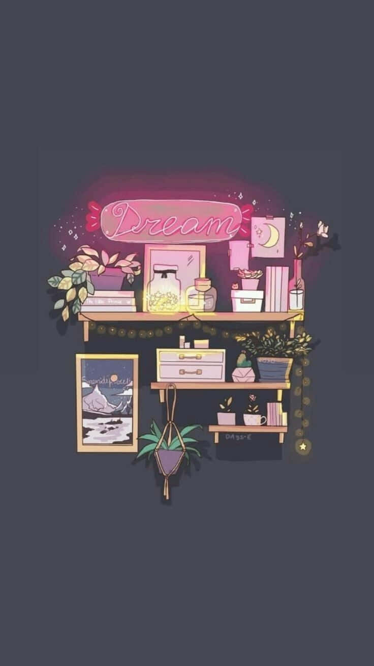 Lo Fi Aesthetic, glowing pink 'Dream' sign, cozy illustrated shelf, HD Phone Wallpaper
