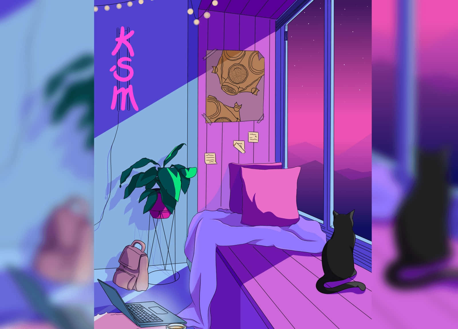 black cat, purple window seat, starry pink and purple sky, HD Desktop Wallpaper