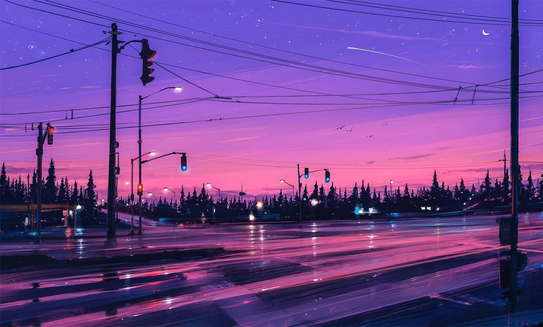 lo-fi cityscape, vibrant purple and pink twilight, wet streets, HD Desktop Wallpaper