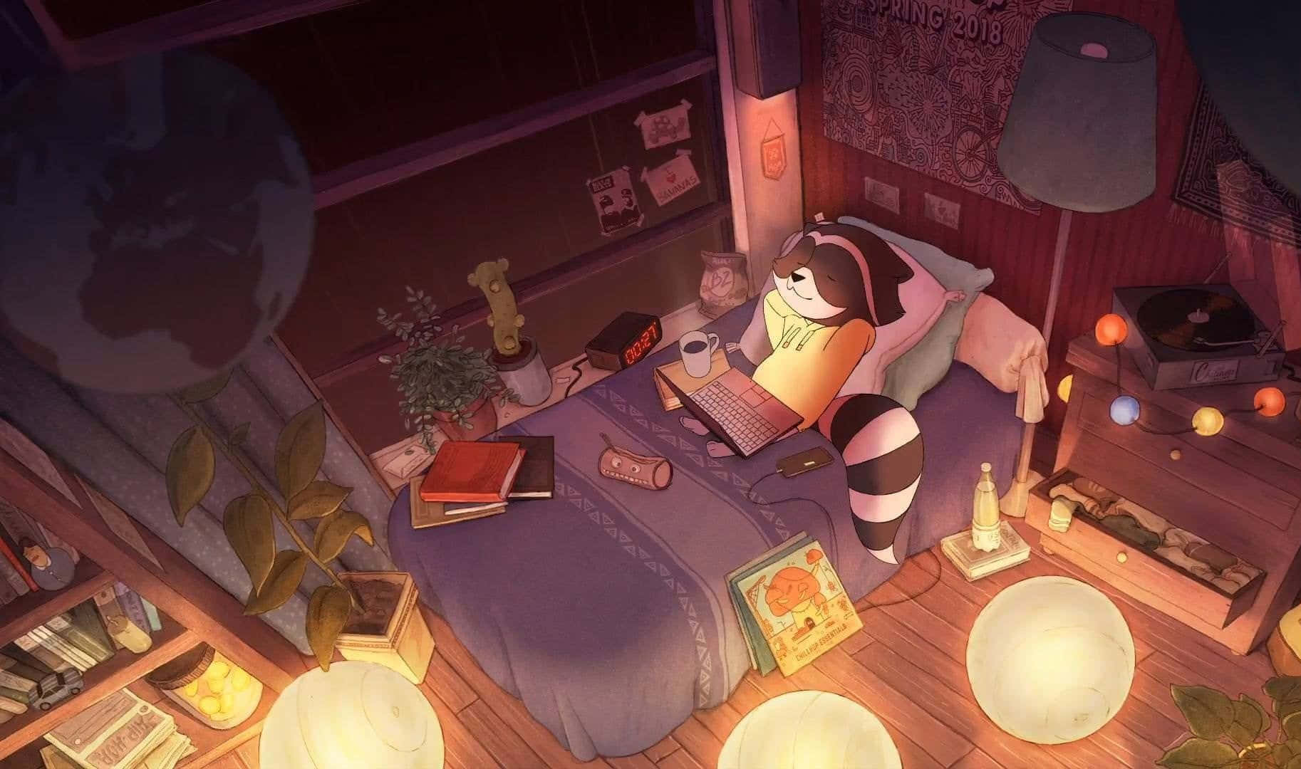 Lo-Fi Aesthetic, anime-style raccoon, warmly lit bedroom, HD Desktop Wallpaper