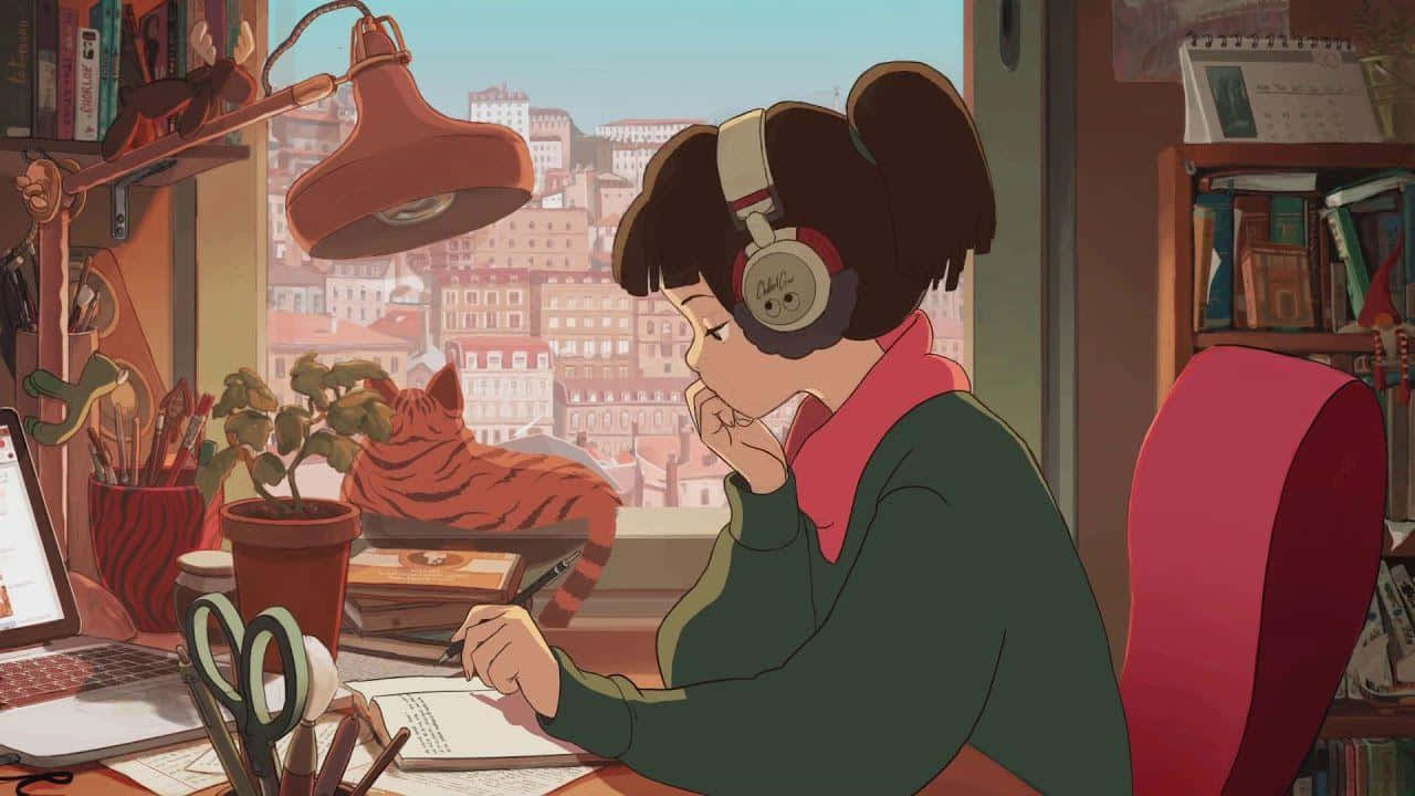 lo fi aesthetic, young girl, headphones, HD Desktop Wallpaper