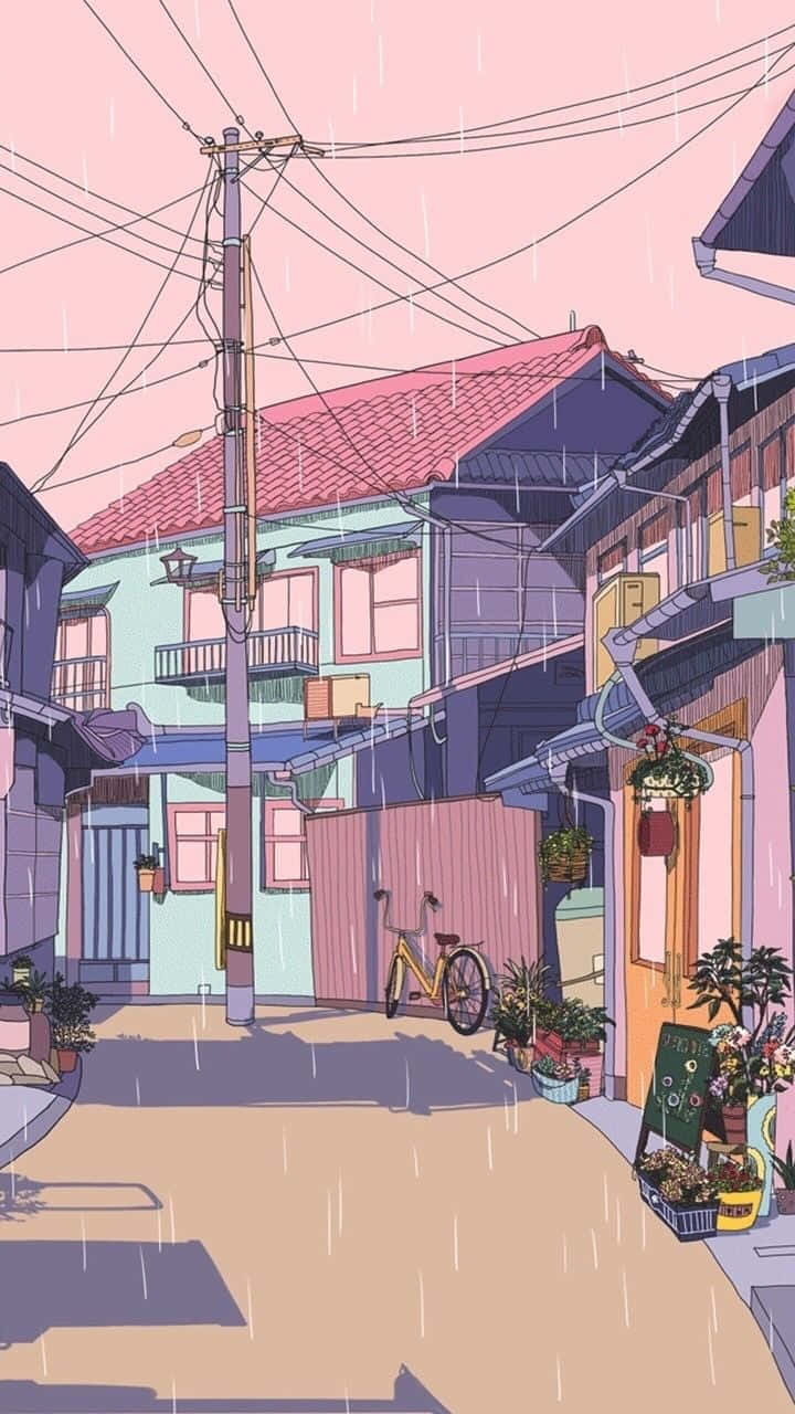 Lo Fi Aesthetic, pastel-colored Japanese alleyway, yellow bicycle, HD Phone Wallpaper