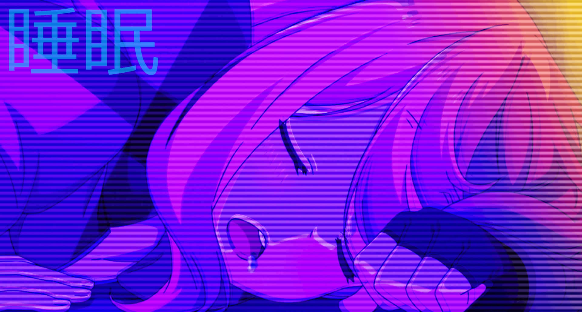 Lo Fi Aesthetic, pink hair, vibrant purple and blue neon lighting, Full HD Desktop Wallpaper