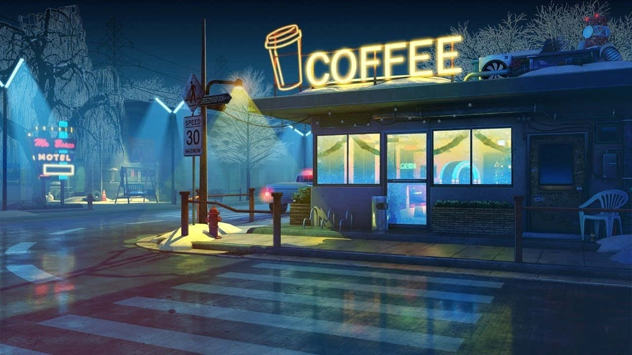 Lo-fi Aesthetic, neon-lit coffee shop, snowy street, HD Desktop Wallpaper