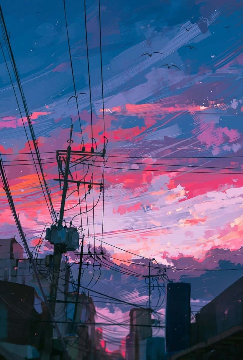 Lo Fi Aesthetic, pink and blue sunset sky, urban power lines, SD Phone Wallpaper