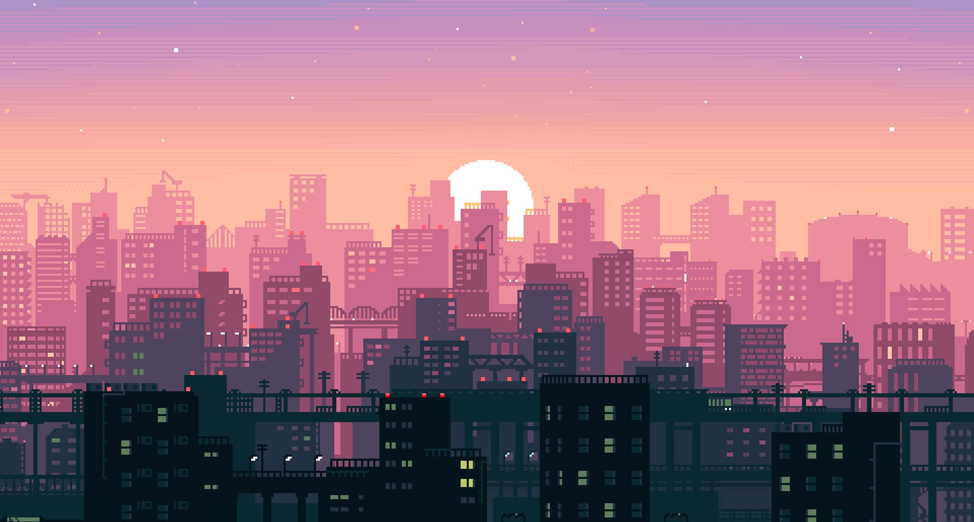 Retro Lo-Fi Aesthetic, Pixel-art city skyline, sunset, Full HD Desktop Wallpaper