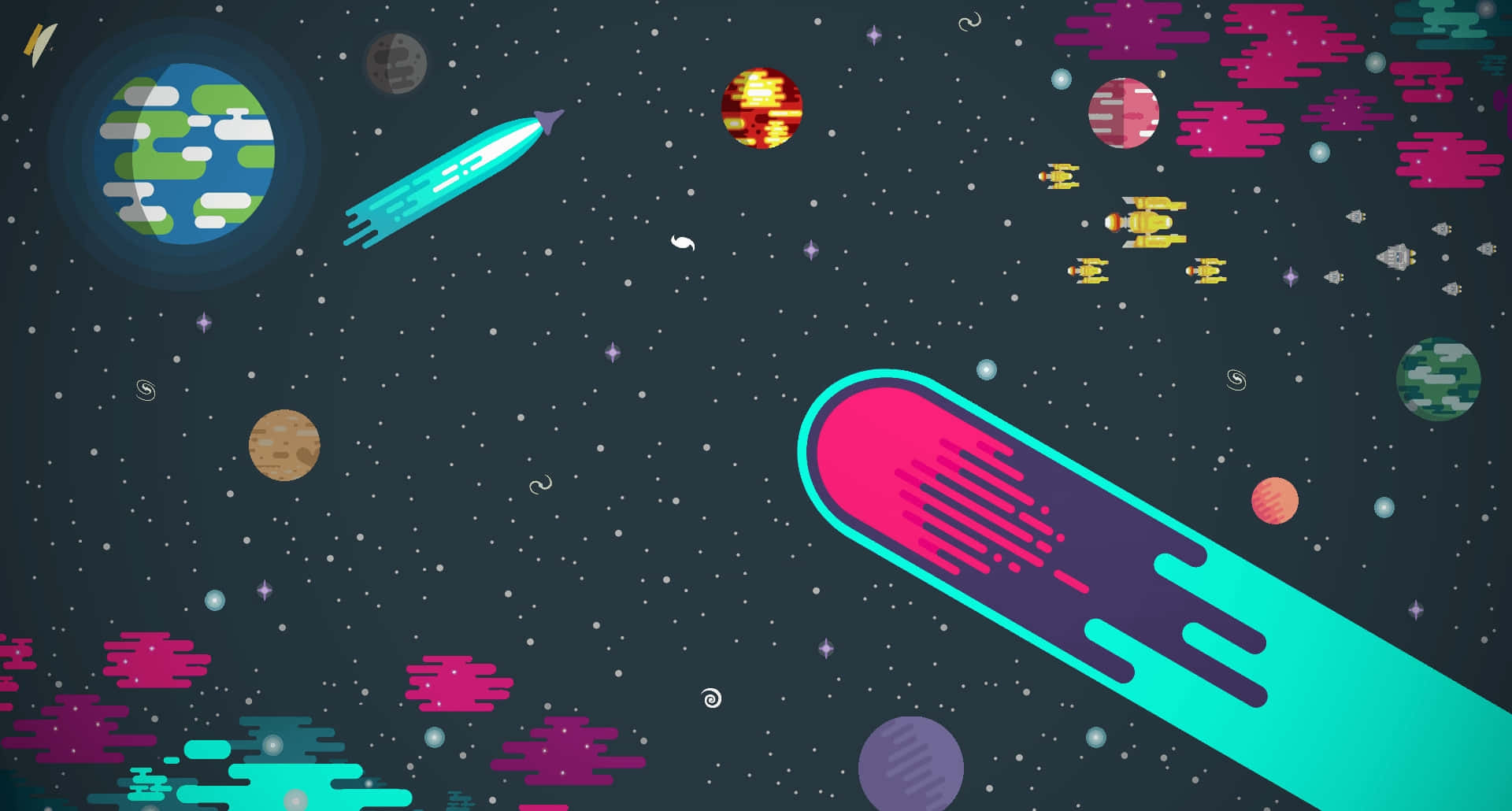 Lo-fi Aesthetic, retro-futuristic space scene, pixelated rockets, Full HD Desktop Wallpaper