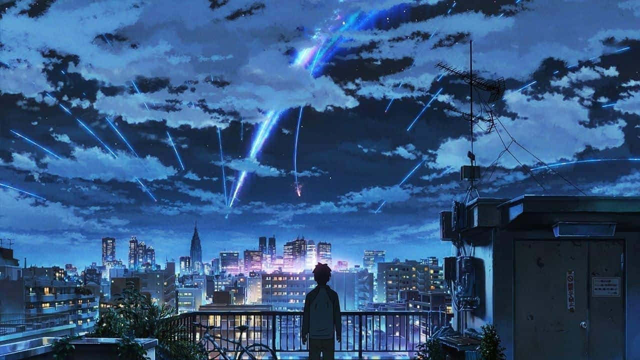 lo fi aesthetic, twilight sky, glowing blue meteors, HD Desktop Wallpaper