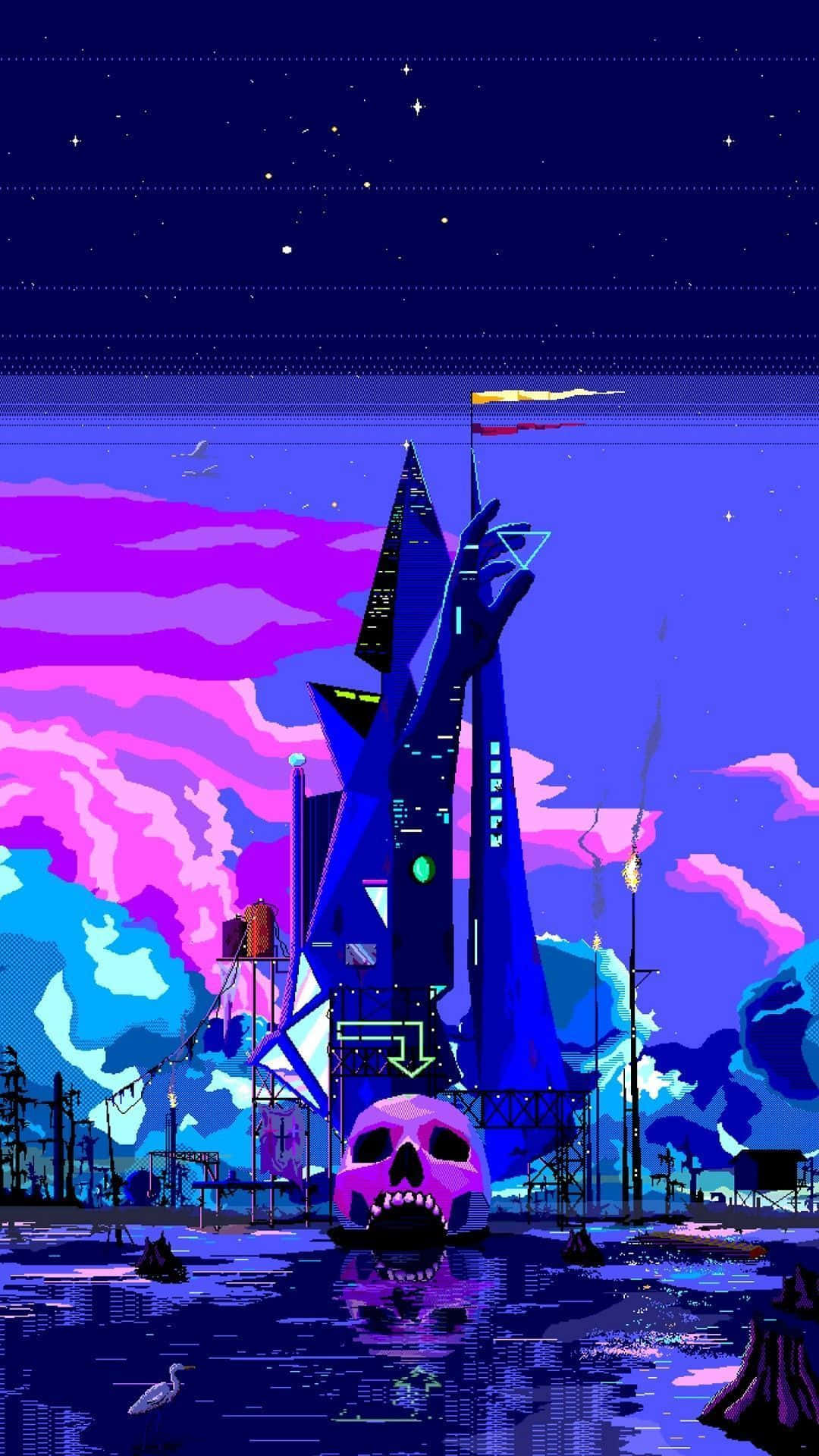 pixel-art rocket launch tower, skull, neon purple and blue waters, Full HD Phone Wallpaper