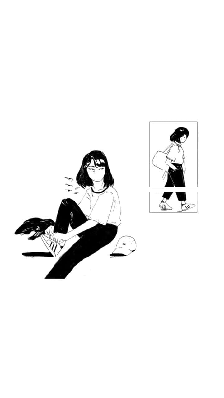 Lo Fi Art, minimalist black and white line art, girl tying her shoes, HD Phone Wallpaper