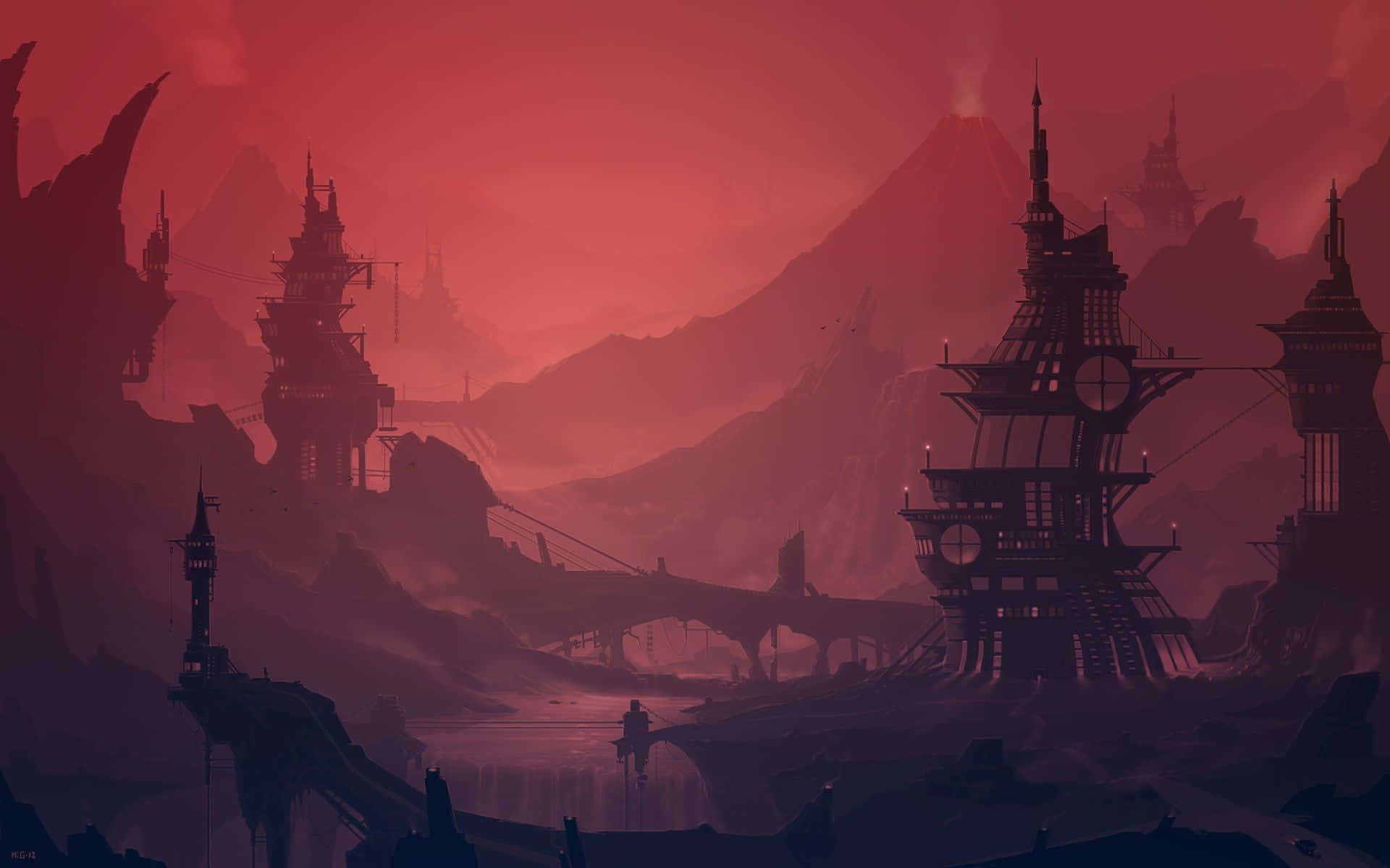 lo fi art, crimson-hued, fantasy landscape, Full HD Desktop Wallpaper