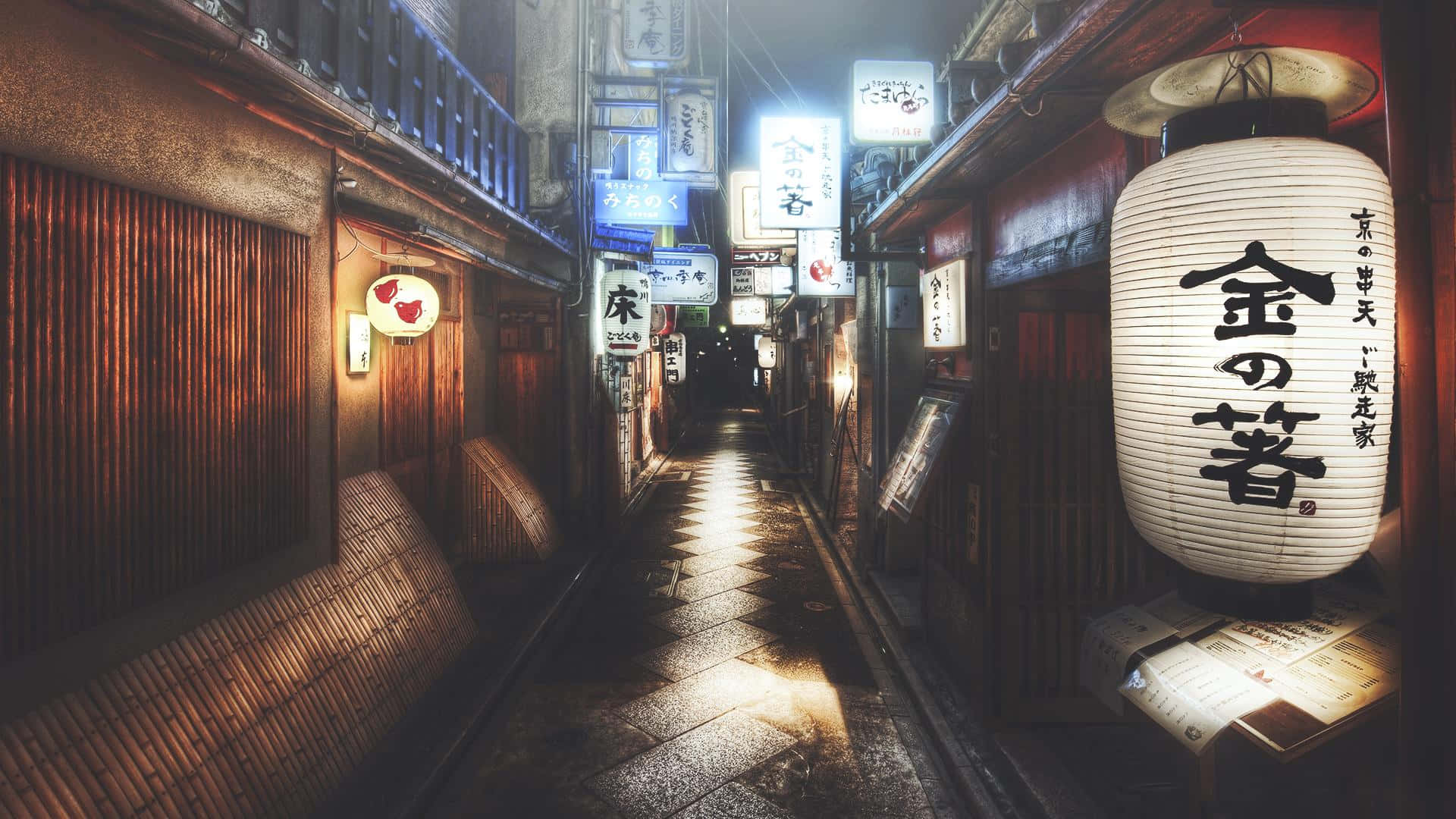 Japanese alleyway, glowing lanterns, neon signs, Full HD Desktop Wallpaper