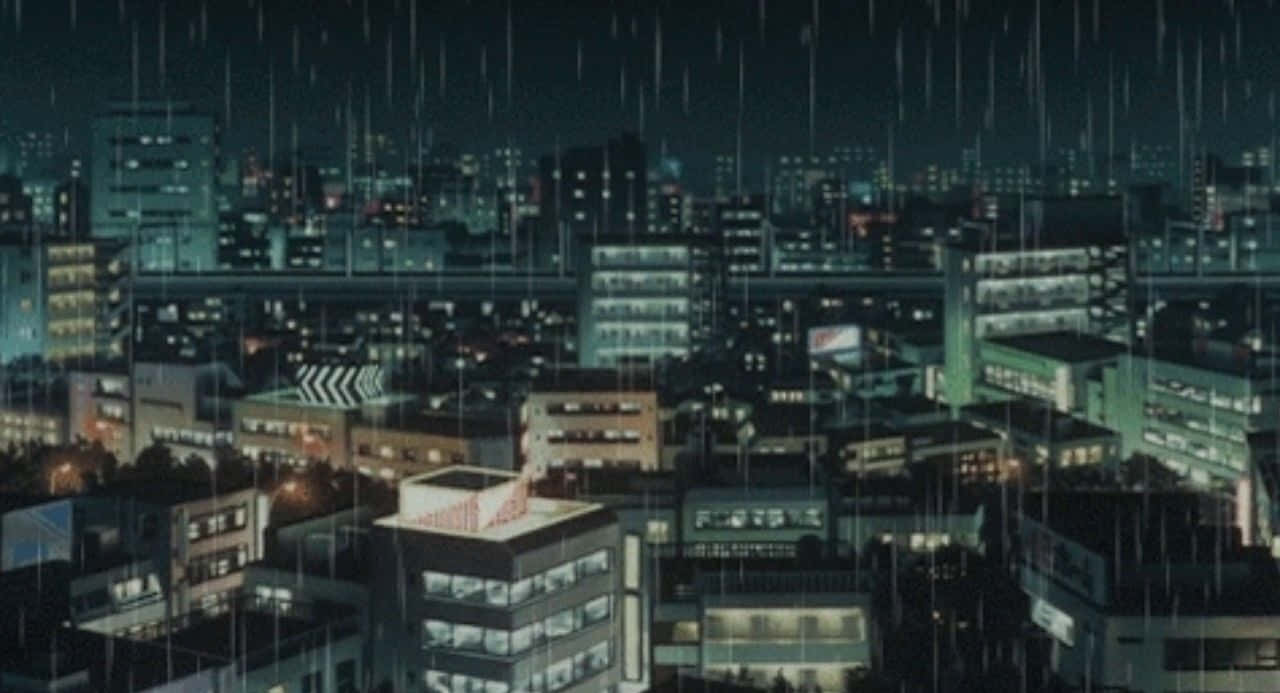 neon-lit cityscape, rain streaks, glowing windows, HD Desktop Wallpaper