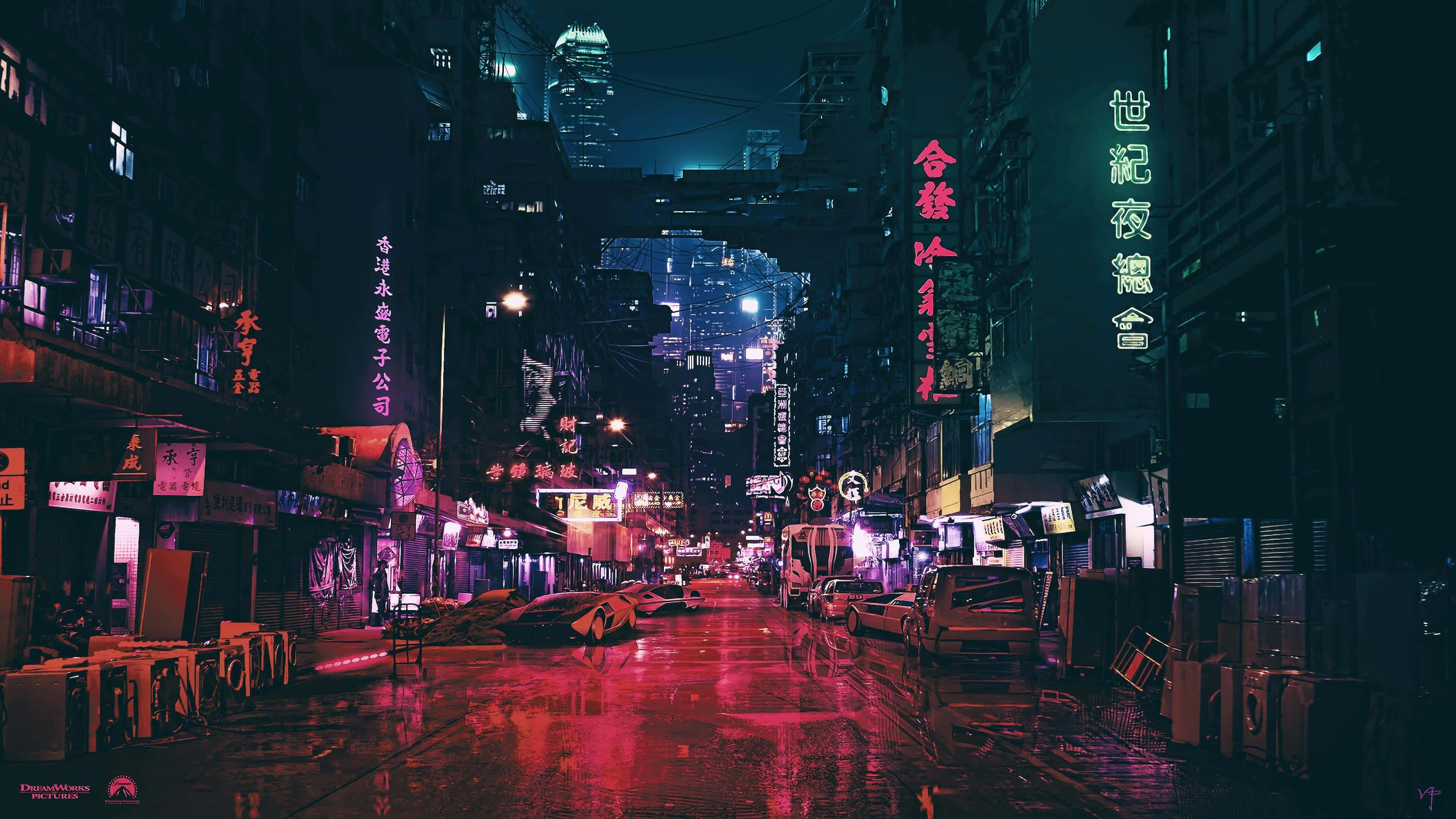 neon-lit alleyway, rain-slicked, vibrant pink and blue lights, 4K Desktop Wallpaper