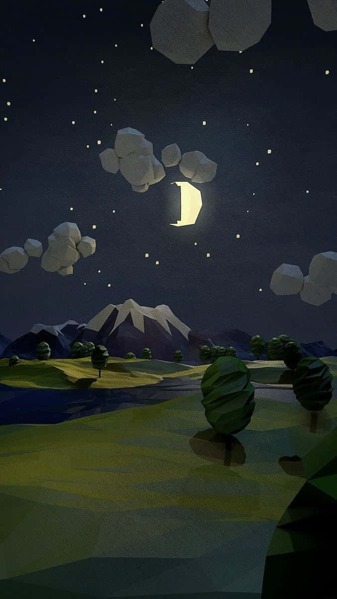 Mountain Night Landscape, low-poly stylized, crescent moon, SD Phone Wallpaper