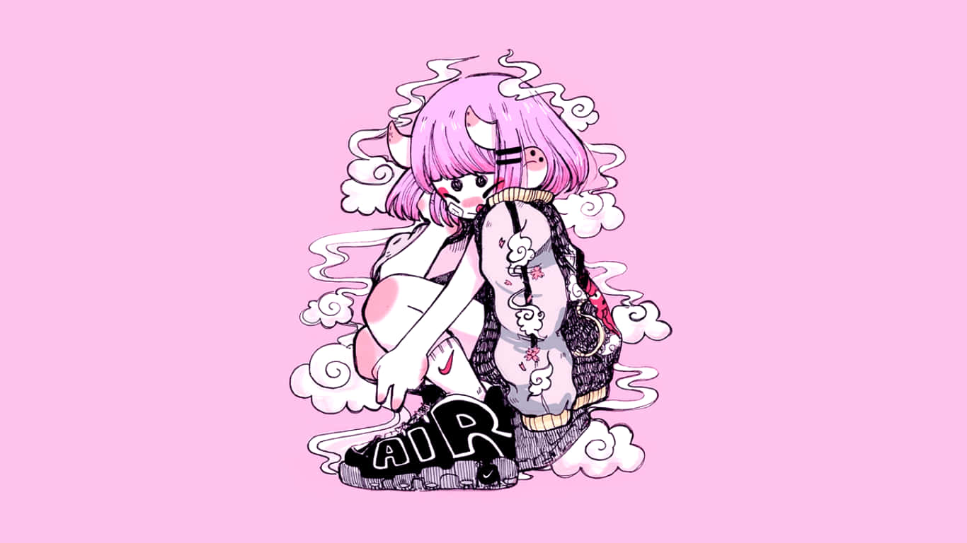 pink-haired anime girl, horns, tattoos, HD Desktop Wallpaper