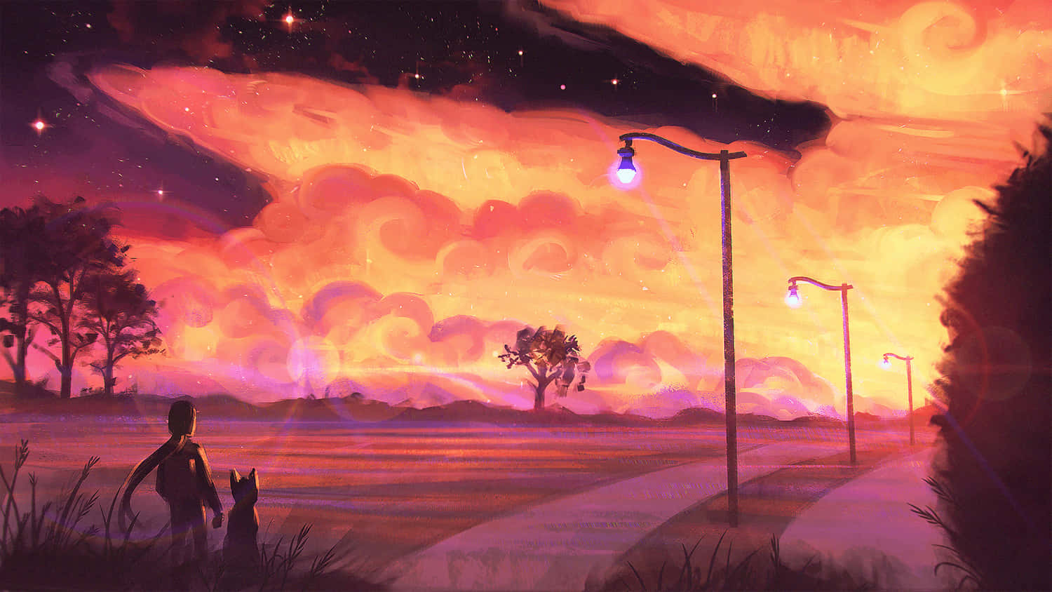 twilight sky, swirling orange pink and purple clouds, child, HD Desktop Wallpaper