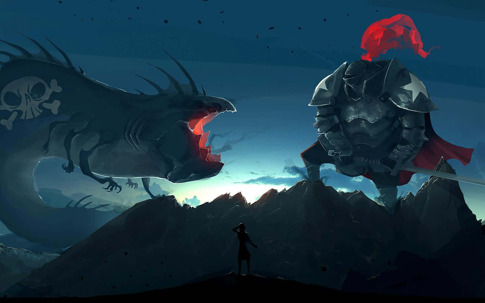 Lo-Fi Art, twilight sky, giant armored warrior, HD Desktop Wallpaper