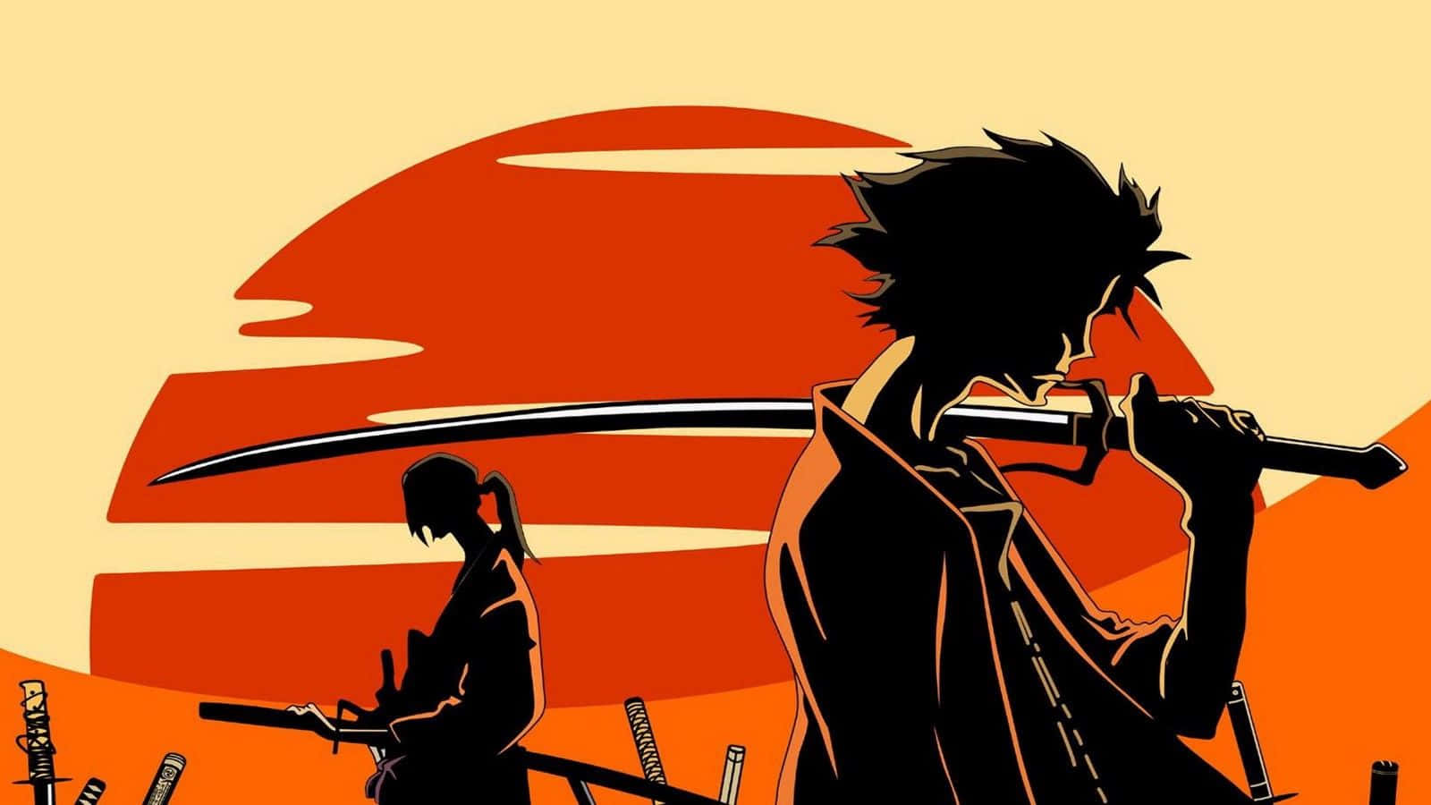 anime samurai, silhouette, orange sun, HD Desktop Wallpaper