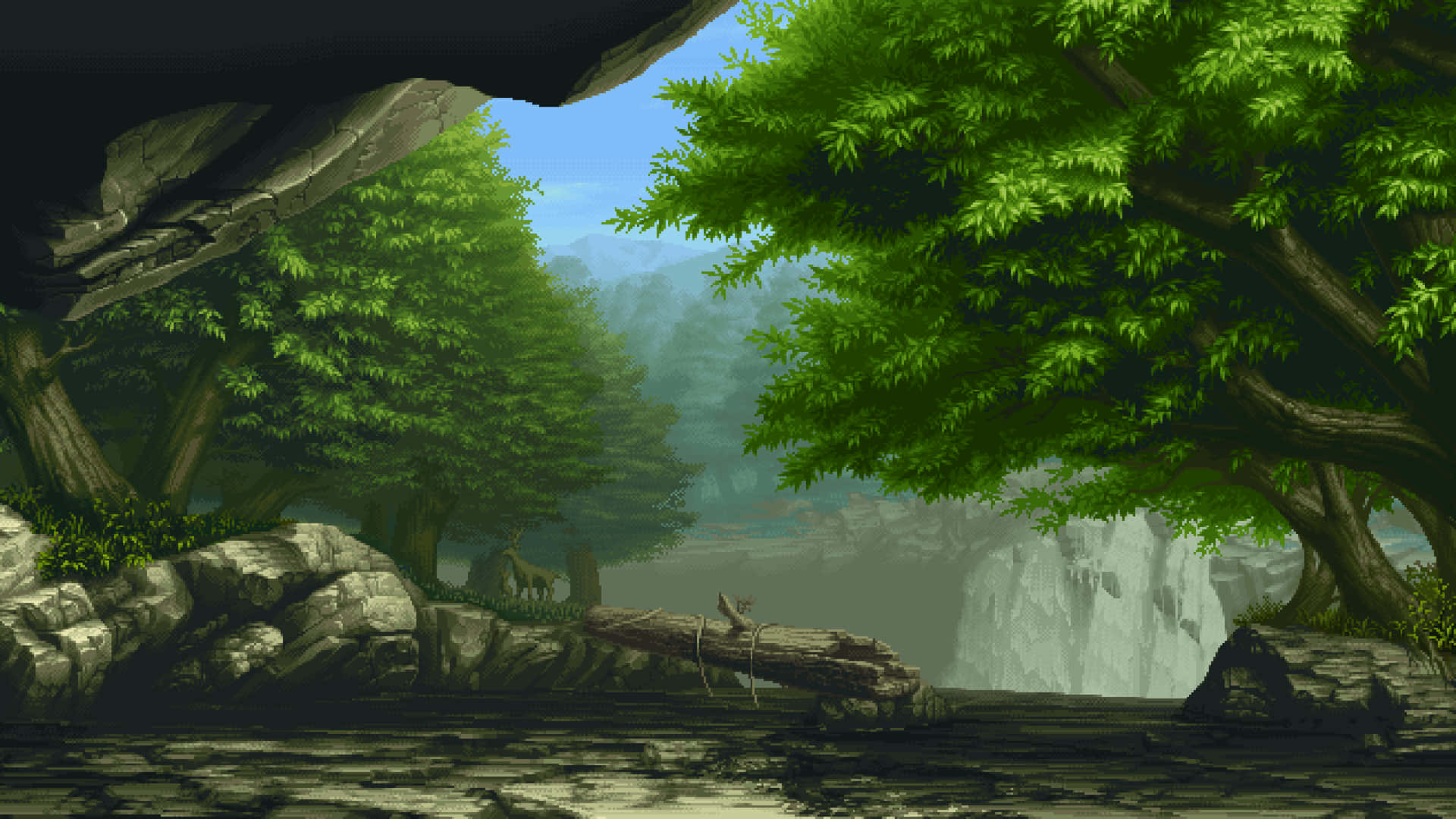 Tranquil Forest, rocky overhang, lush green trees, Full HD Desktop Wallpaper
