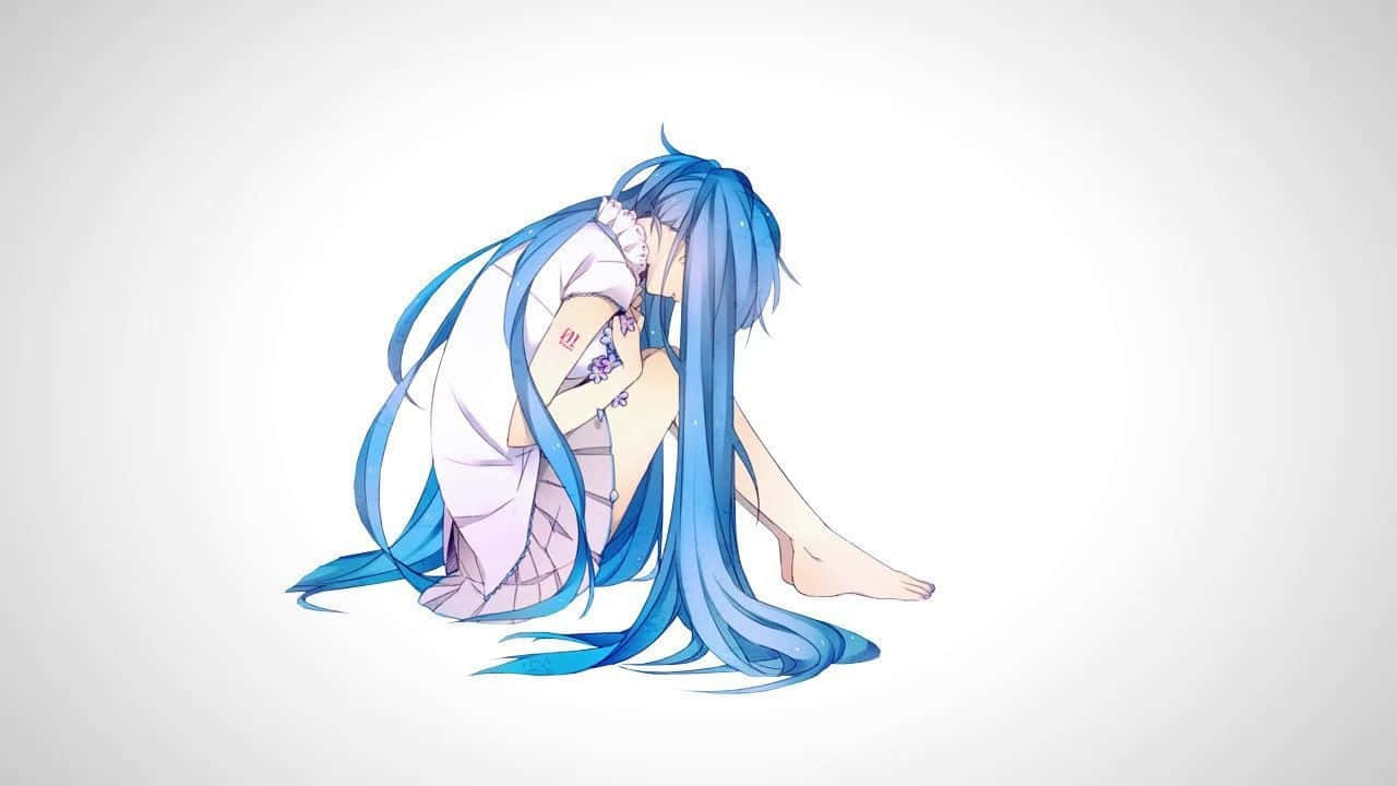 blue hair, anime girl, white dress, HD Desktop Wallpaper