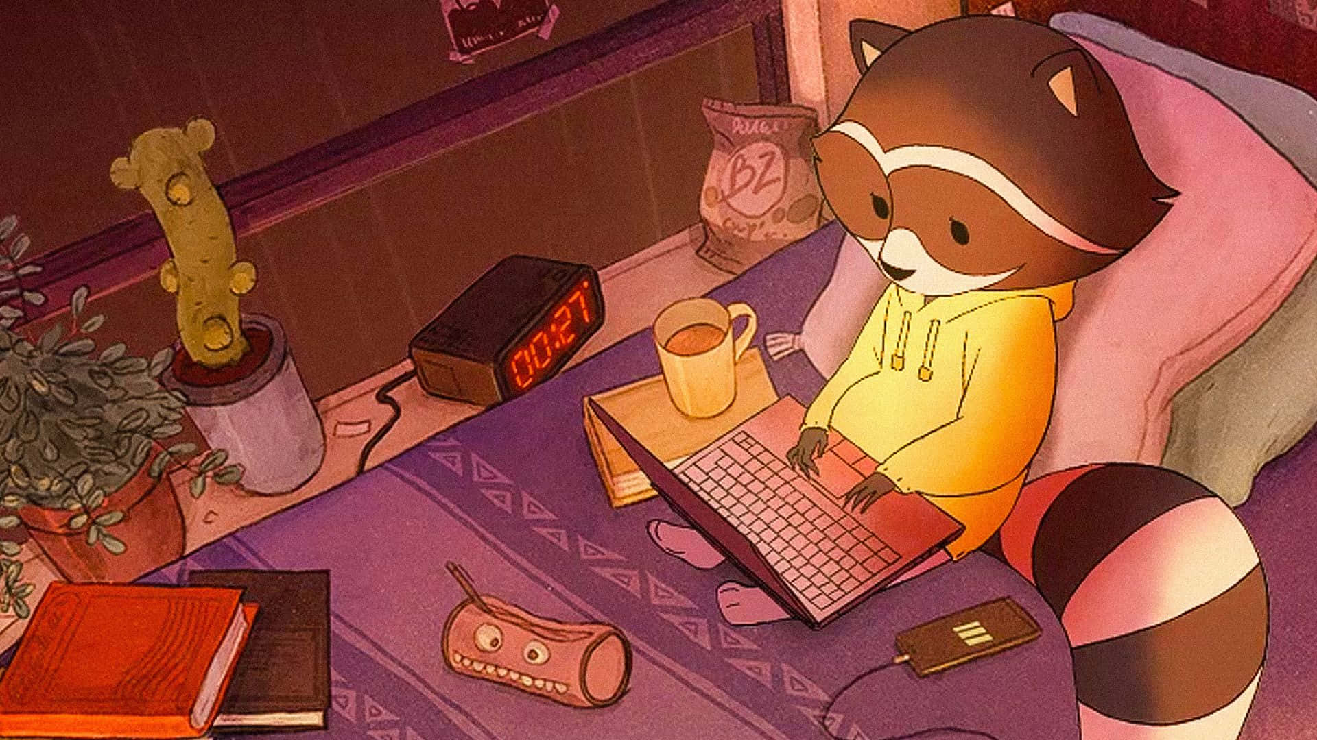 raccoon, yellow hoodie, laptop, Full HD Desktop Wallpaper