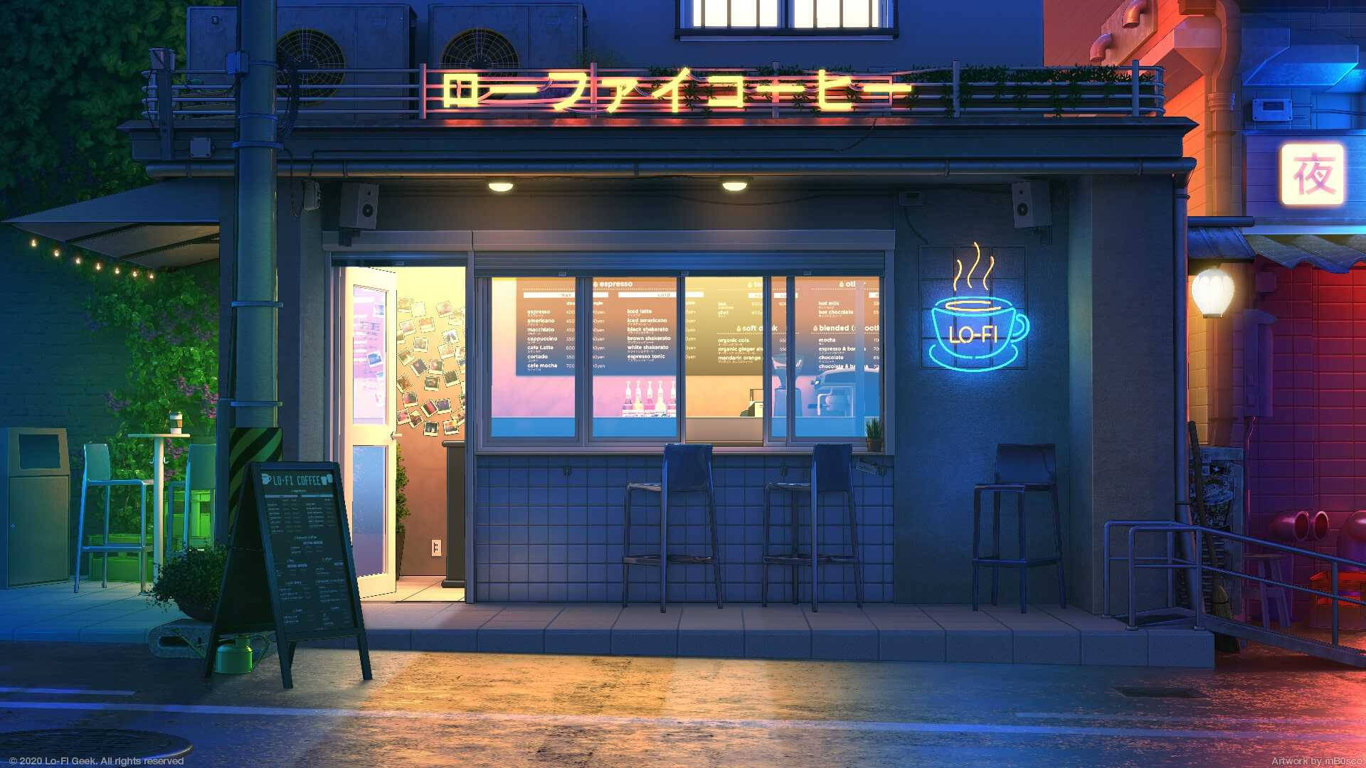 lo-fi, neon signs, warm interior lights, Full HD Desktop Wallpaper