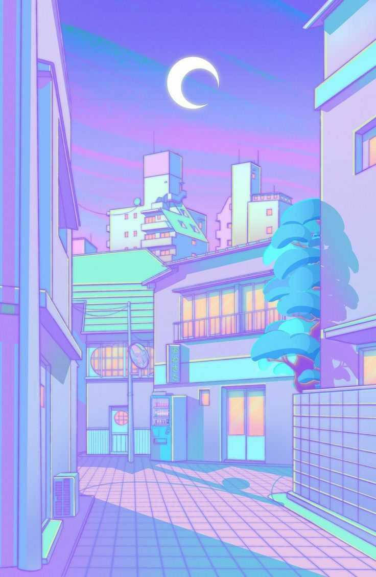 neon-drenched anime alleyway, twilight, crescent moon, SD Phone Wallpaper