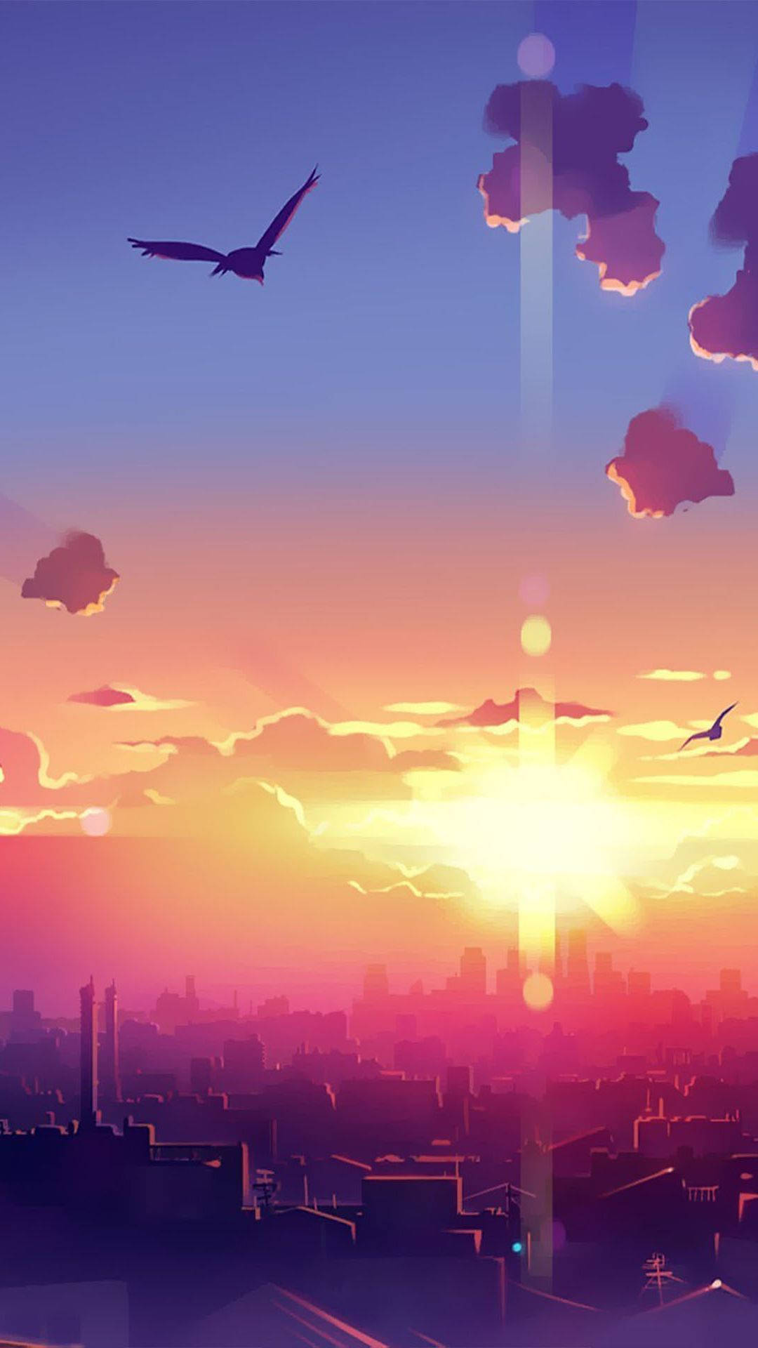 Lo Fi iPhone, sunset, city skyline, Full HD Phone Wallpaper