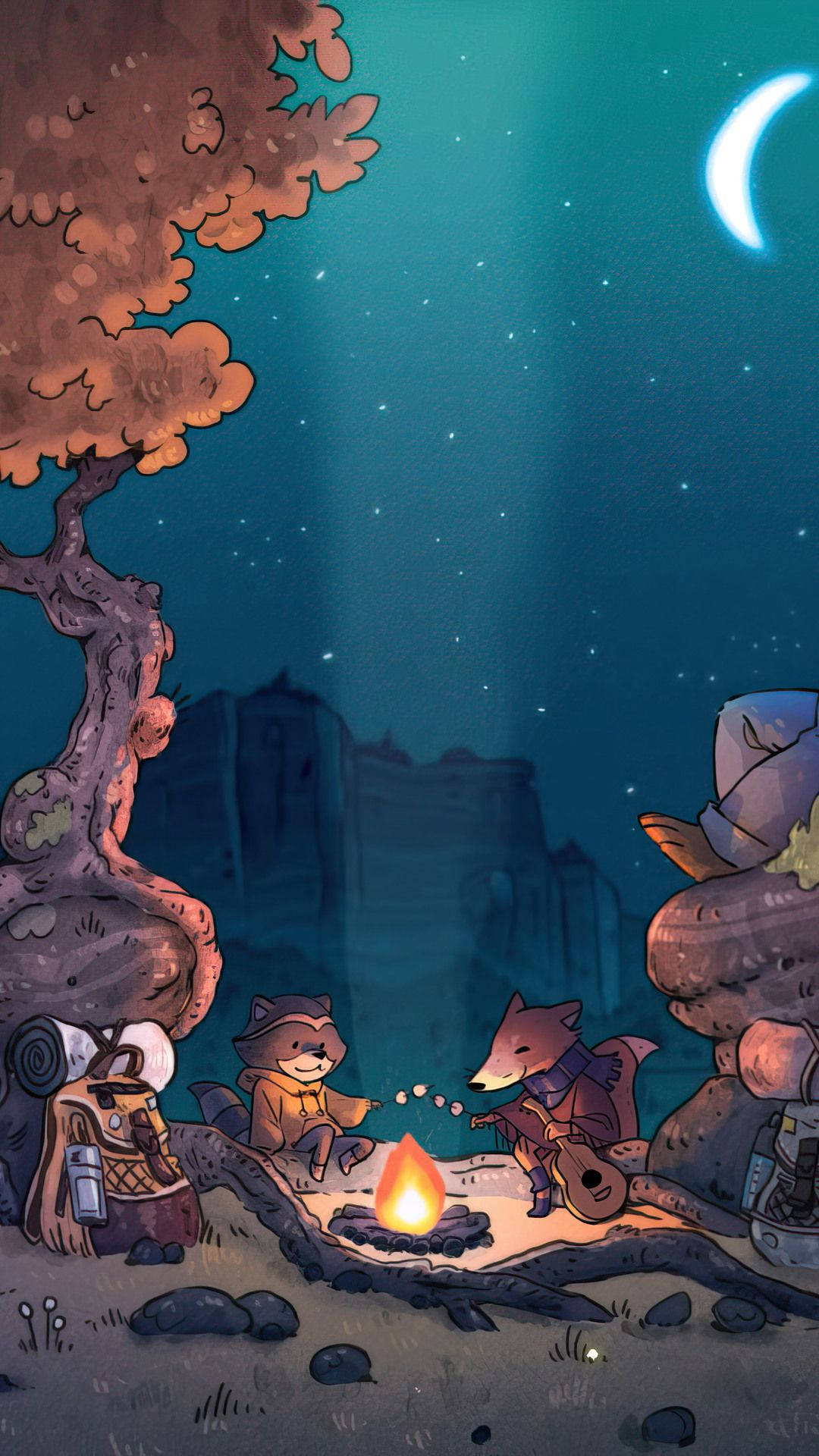 Lo Fi iPhone, campfire, starry night sky, Full HD Phone Wallpaper