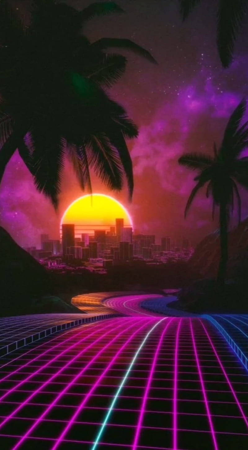 iPhone, neon grid road, palm trees, HD Phone Wallpaper