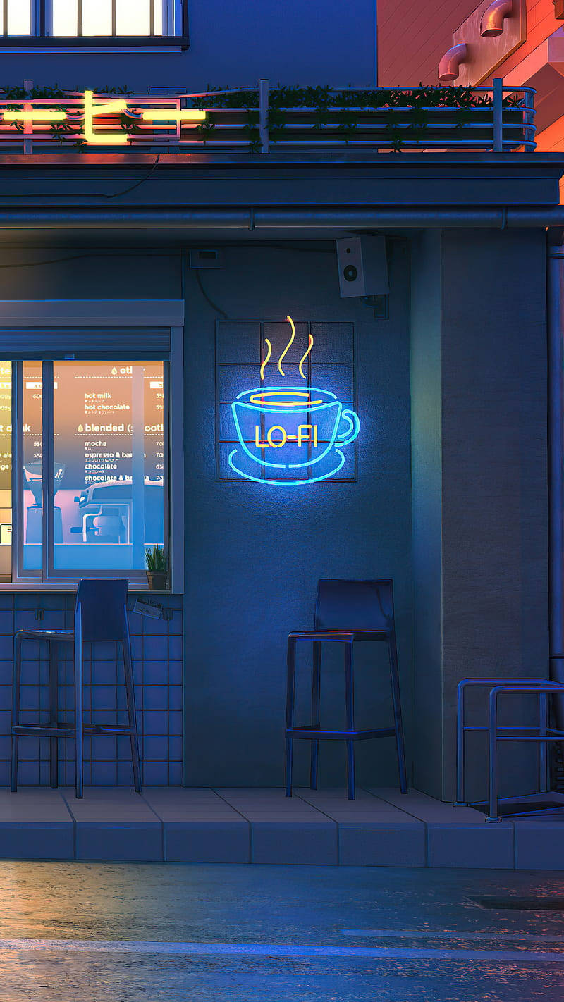 Lo Fi iPhone, glowing blue neon sign, steaming coffee cup, HD Phone Wallpaper