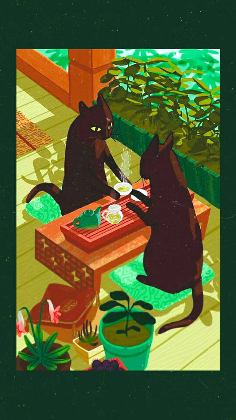 Lo Fi iPhone, black cats, wooden table, HD Phone Wallpaper