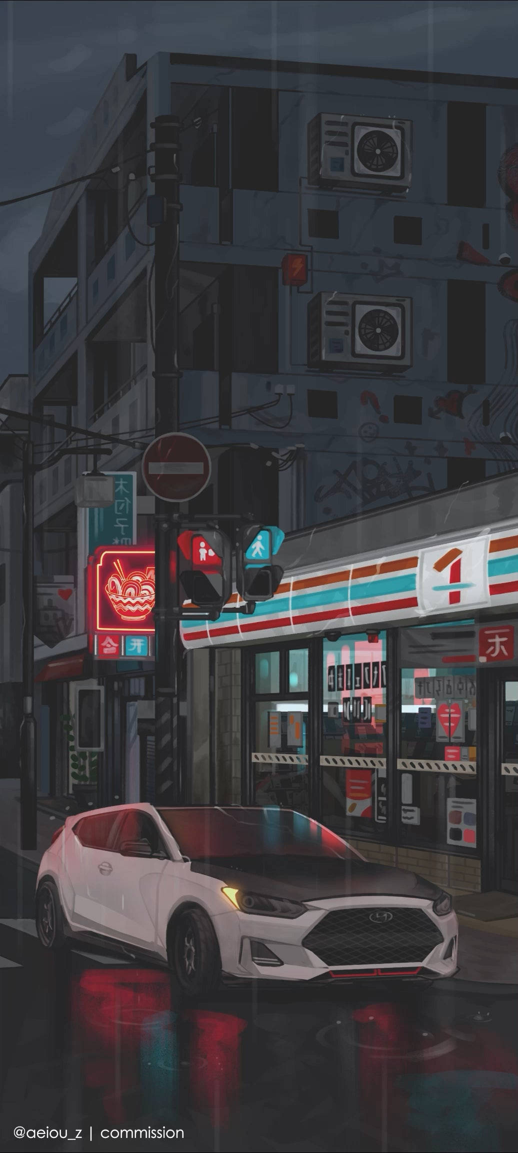 Lo-Fi iPhone, white car, neon signs, Full HD Phone Wallpaper