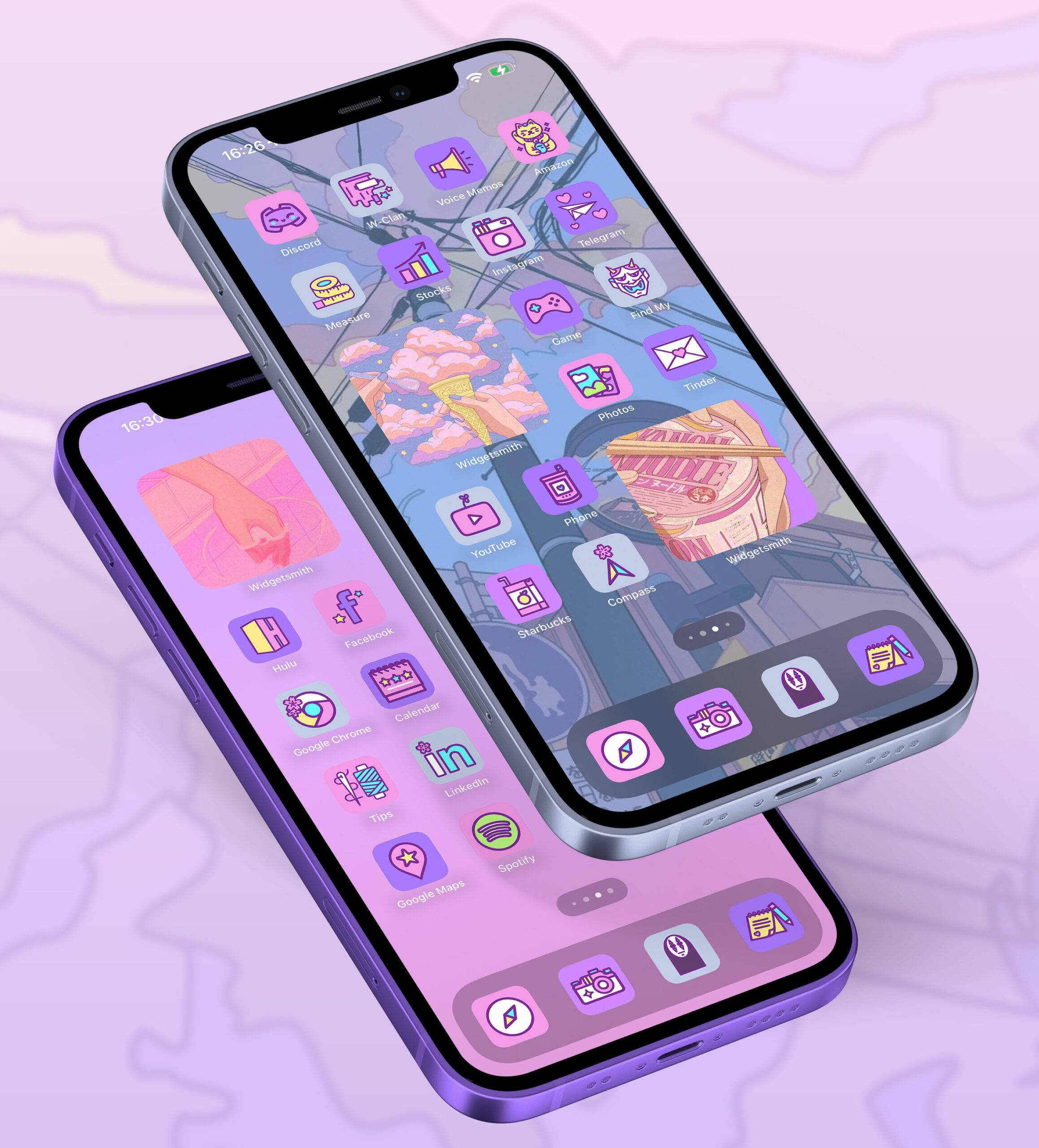 Lo Fi iPhone, purple smartphones, colorful app icons, 2K Phone Wallpaper