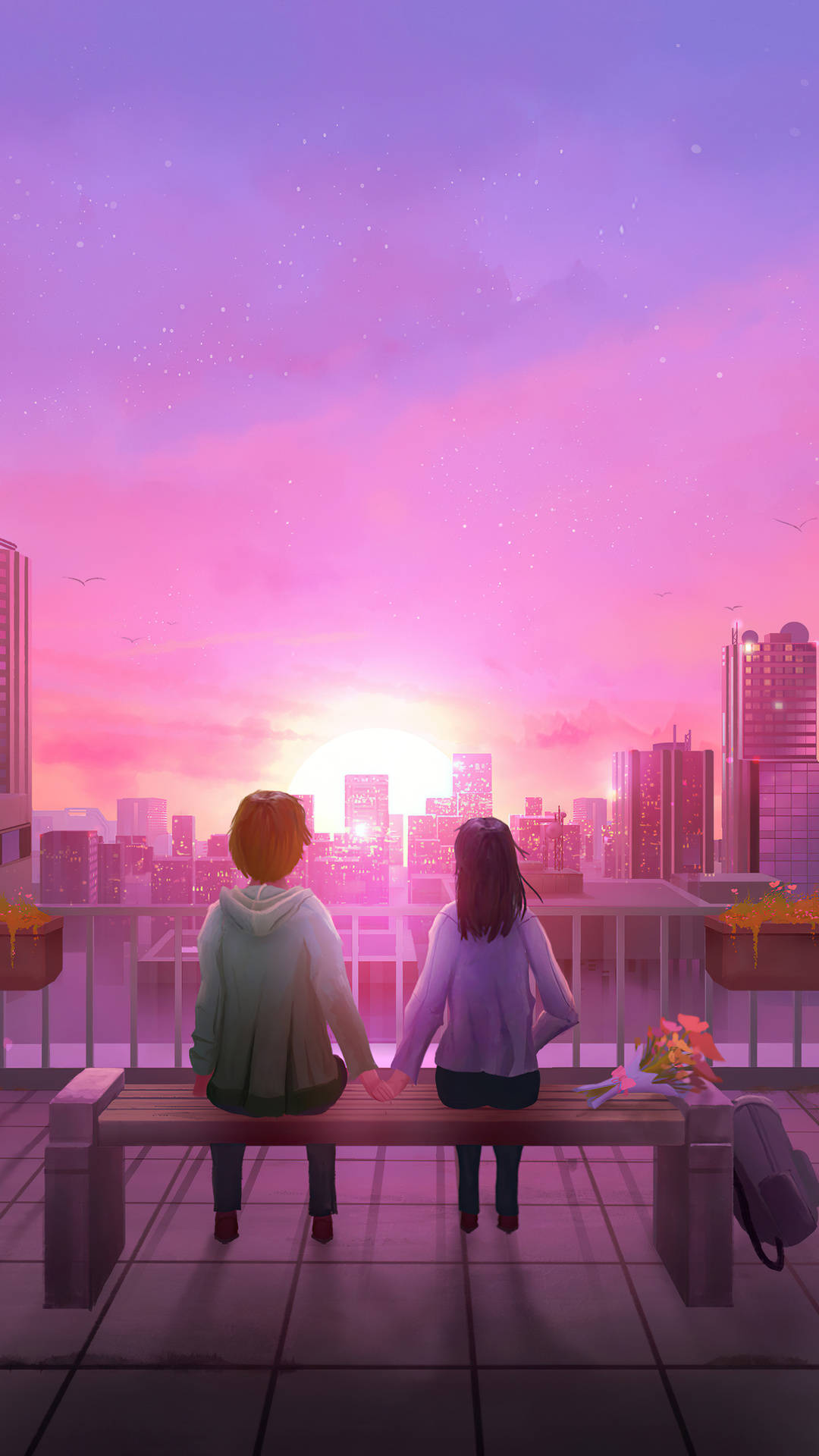 Lo Fi iPhone, rooftop bench, glowing pink sunset, Full HD Phone Wallpaper